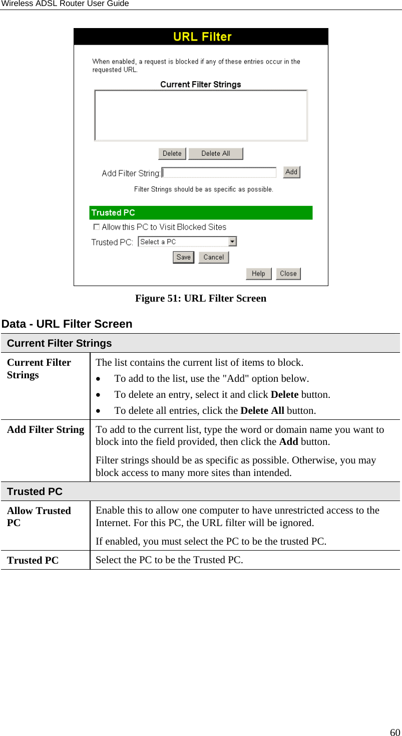 Wireless ADSL Router User Guide  Figure 51: URL Filter Screen Data - URL Filter Screen Current Filter Strings Current Filter Strings  The list contains the current list of items to block.  •  To add to the list, use the &quot;Add&quot; option below.  •  To delete an entry, select it and click Delete button.  •  To delete all entries, click the Delete All button. Add Filter String  To add to the current list, type the word or domain name you want to block into the field provided, then click the Add button. Filter strings should be as specific as possible. Otherwise, you may block access to many more sites than intended. Trusted PC Allow Trusted PC  Enable this to allow one computer to have unrestricted access to the Internet. For this PC, the URL filter will be ignored. If enabled, you must select the PC to be the trusted PC. Trusted PC  Select the PC to be the Trusted PC.  60 