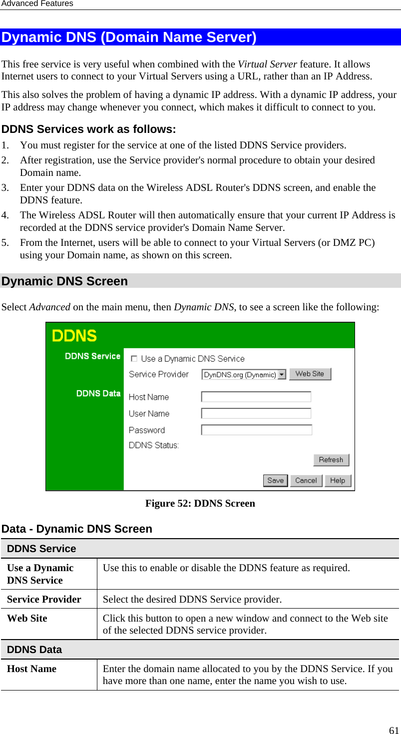 Advanced Features Dynamic DNS (Domain Name Server) This free service is very useful when combined with the Virtual Server feature. It allows Internet users to connect to your Virtual Servers using a URL, rather than an IP Address. This also solves the problem of having a dynamic IP address. With a dynamic IP address, your IP address may change whenever you connect, which makes it difficult to connect to you. DDNS Services work as follows: 1.  You must register for the service at one of the listed DDNS Service providers. 2.  After registration, use the Service provider&apos;s normal procedure to obtain your desired Domain name. 3.  Enter your DDNS data on the Wireless ADSL Router&apos;s DDNS screen, and enable the DDNS feature. 4.  The Wireless ADSL Router will then automatically ensure that your current IP Address is recorded at the DDNS service provider&apos;s Domain Name Server. 5.  From the Internet, users will be able to connect to your Virtual Servers (or DMZ PC) using your Domain name, as shown on this screen. Dynamic DNS Screen Select Advanced on the main menu, then Dynamic DNS, to see a screen like the following:  Figure 52: DDNS Screen Data - Dynamic DNS Screen DDNS Service Use a Dynamic DNS Service  Use this to enable or disable the DDNS feature as required. Service Provider  Select the desired DDNS Service provider. Web Site  Click this button to open a new window and connect to the Web site of the selected DDNS service provider. DDNS Data Host Name  Enter the domain name allocated to you by the DDNS Service. If you have more than one name, enter the name you wish to use. 61 
