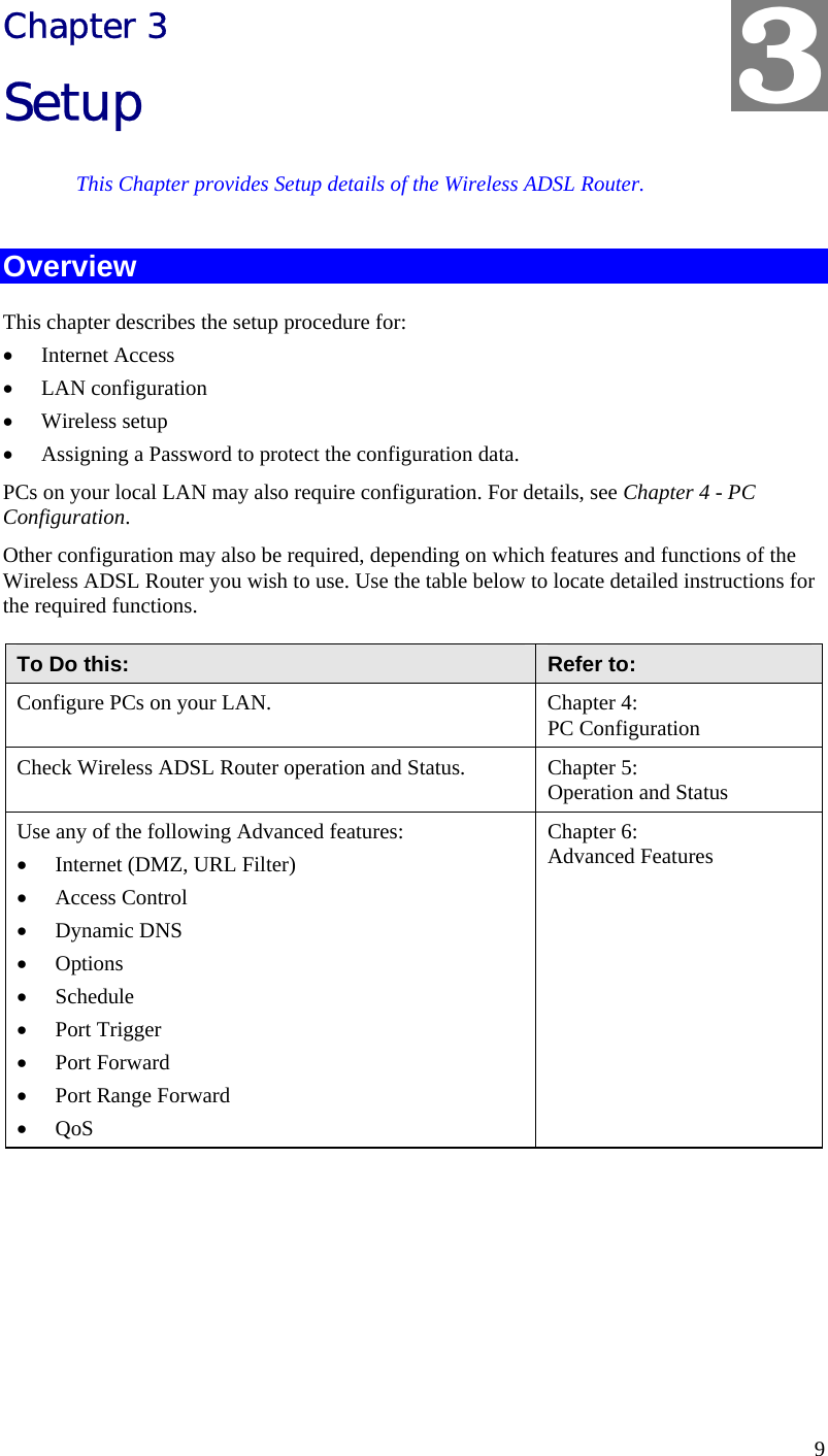  9 Chapter 3 Setup This Chapter provides Setup details of the Wireless ADSL Router. Overview This chapter describes the setup procedure for: • Internet Access • LAN configuration • Wireless setup • Assigning a Password to protect the configuration data. PCs on your local LAN may also require configuration. For details, see Chapter 4 - PC Configuration.  Other configuration may also be required, depending on which features and functions of the Wireless ADSL Router you wish to use. Use the table below to locate detailed instructions for the required functions. To Do this:  Refer to: Configure PCs on your LAN.  Chapter 4: PC Configuration Check Wireless ADSL Router operation and Status.  Chapter 5: Operation and Status Use any of the following Advanced features: • Internet (DMZ, URL Filter) • Access Control • Dynamic DNS • Options • Schedule • Port Trigger • Port Forward • Port Range Forward • QoS Chapter 6: Advanced Features 3 