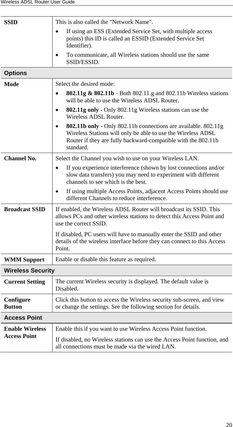 Wireless ADSL Router User Guide 20 SSID  This is also called the &quot;Network Name&quot;. • If using an ESS (Extended Service Set, with multiple access points) this ID is called an ESSID (Extended Service Set Identifier). • To communicate, all Wireless stations should use the same SSID/ESSID. Options Mode  Select the desired mode: • 802.11g &amp; 802.11b - Both 802.11.g and 802.11b Wireless stations will be able to use the Wireless ADSL Router. • 802.11g only - Only 802.11g Wireless stations can use the Wireless ADSL Router.  • 802.11b only - Only 802.11b connections are available. 802.11g Wireless Stations will only be able to use the Wireless ADSL Router if they are fully backward-compatible with the 802.11b standard. Channel No.  Select the Channel you wish to use on your Wireless LAN. • If you experience interference (shown by lost connections and/or slow data transfers) you may need to experiment with different channels to see which is the best. • If using multiple Access Points, adjacent Access Points should use different Channels to reduce interference. Broadcast SSID  If enabled, the Wireless ADSL Router will broadcast its SSID. This allows PCs and other wireless stations to detect this Access Point and use the correct SSID.  If disabled, PC users will have to manually enter the SSID and other details of the wireless interface before they can connect to this Access Point. WMM Support  Enable or disable this feature as required. Wireless Security Current Setting  The current Wireless security is displayed. The default value is Disabled. Configure Button  Click this button to access the Wireless security sub-screen, and view or change the settings. See the following section for details. Access Point Enable Wireless Access Point  Enable this if you want to use Wireless Access Point function. If disabled, no Wireless stations can use the Access Point function, and all connections must be made via the wired LAN. 