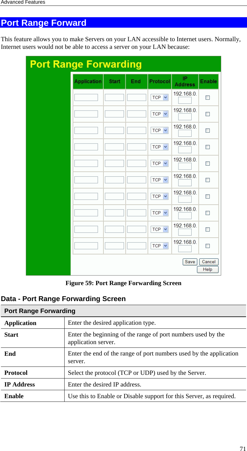 Advanced Features 71 Port Range Forward This feature allows you to make Servers on your LAN accessible to Internet users. Normally, Internet users would not be able to access a server on your LAN because:   Figure 59: Port Range Forwarding Screen Data - Port Range Forwarding Screen Port Range Forwarding Application Enter the desired application type.  Start  Enter the beginning of the range of port numbers used by the application server. End  Enter the end of the range of port numbers used by the application server. Protocol  Select the protocol (TCP or UDP) used by the Server. IP Address  Enter the desired IP address. Enable Use this to Enable or Disable support for this Server, as required.  