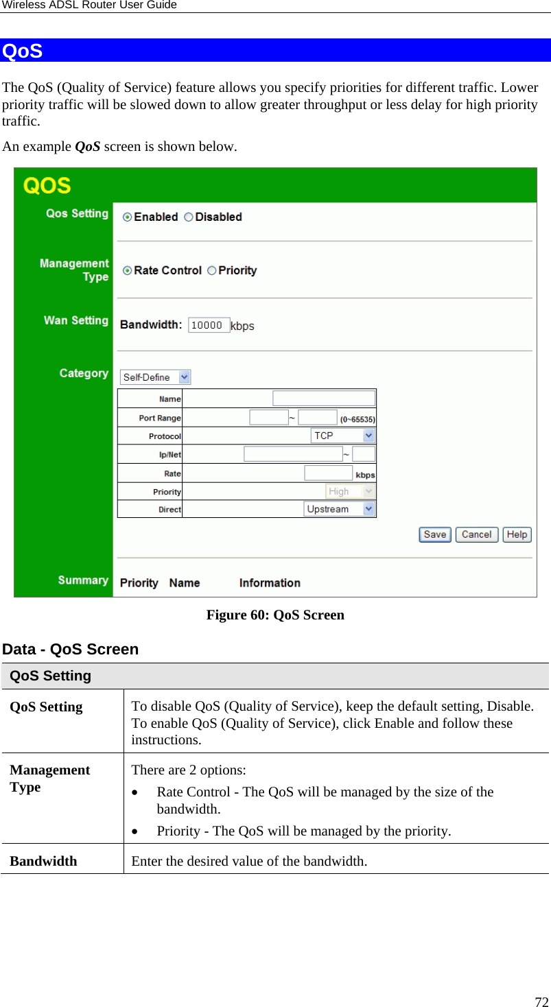 Wireless ADSL Router User Guide 72 QoS The QoS (Quality of Service) feature allows you specify priorities for different traffic. Lower priority traffic will be slowed down to allow greater throughput or less delay for high priority traffic. An example QoS screen is shown below.   Figure 60: QoS Screen Data - QoS Screen QoS Setting QoS Setting  To disable QoS (Quality of Service), keep the default setting, Disable. To enable QoS (Quality of Service), click Enable and follow these instructions. Management Type  There are 2 options: • Rate Control - The QoS will be managed by the size of the bandwidth. • Priority - The QoS will be managed by the priority.  Bandwidth  Enter the desired value of the bandwidth. 