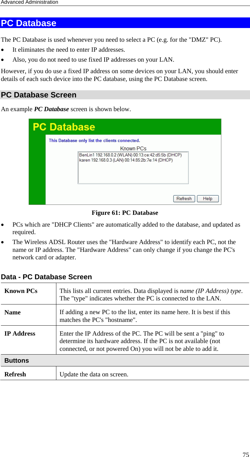 Advanced Administration 75 PC Database The PC Database is used whenever you need to select a PC (e.g. for the &quot;DMZ&quot; PC).  • It eliminates the need to enter IP addresses.  • Also, you do not need to use fixed IP addresses on your LAN. However, if you do use a fixed IP address on some devices on your LAN, you should enter details of each such device into the PC database, using the PC Database screen. PC Database Screen An example PC Database screen is shown below.  Figure 61: PC Database  • PCs which are &quot;DHCP Clients&quot; are automatically added to the database, and updated as required. • The Wireless ADSL Router uses the &quot;Hardware Address&quot; to identify each PC, not the name or IP address. The &quot;Hardware Address&quot; can only change if you change the PC&apos;s network card or adapter.  Data - PC Database Screen Known PCs  This lists all current entries. Data displayed is name (IP Address) type. The &quot;type&quot; indicates whether the PC is connected to the LAN. Name  If adding a new PC to the list, enter its name here. It is best if this matches the PC&apos;s &quot;hostname&quot;. IP Address  Enter the IP Address of the PC. The PC will be sent a &quot;ping&quot; to determine its hardware address. If the PC is not available (not connected, or not powered On) you will not be able to add it. Buttons Refresh  Update the data on screen.  