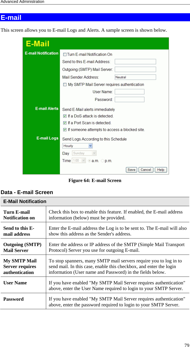 Advanced Administration 79 E-mail This screen allows you to E-mail Logs and Alerts. A sample screen is shown below.  Figure 64: E-mail Screen Data - E-mail Screen E-Mail Notification Turn E-mail Notification on  Check this box to enable this feature. If enabled, the E-mail address information (below) must be provided. Send to this E-mail address  Enter the E-mail address the Log is to be sent to. The E-mail will also show this address as the Sender&apos;s address. Outgoing (SMTP) Mail Server  Enter the address or IP address of the SMTP (Simple Mail Transport Protocol) Server you use for outgoing E-mail. My SMTP Mail Server requires authentication To stop spanners, many SMTP mail servers require you to log in to send mail. In this case, enable this checkbox, and enter the login information (User name and Password) in the fields below. User Name  If you have enabled &quot;My SMTP Mail Server requires authentication&quot; above, enter the User Name required to login to your SMTP Server. Password  If you have enabled &quot;My SMTP Mail Server requires authentication&quot; above, enter the password required to login to your SMTP Server. 