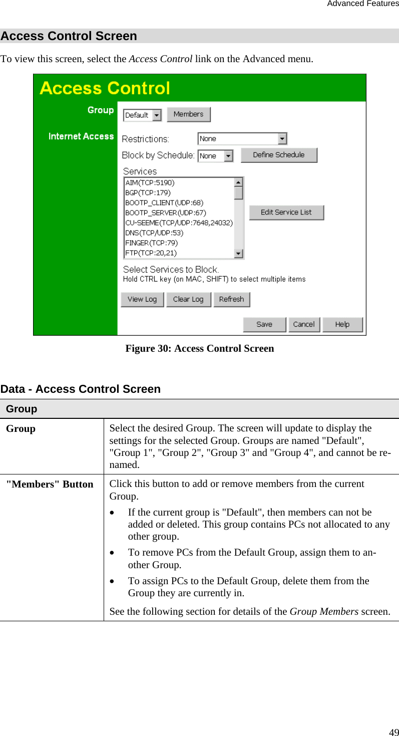 Advanced Features Access Control Screen To view this screen, select the Access Control link on the Advanced menu.  Figure 30: Access Control Screen  Data - Access Control Screen Group Group Select the desired Group. The screen will update to display the settings for the selected Group. Groups are named &quot;Default&quot;, &quot;Group 1&quot;, &quot;Group 2&quot;, &quot;Group 3&quot; and &quot;Group 4&quot;, and cannot be re-named. &quot;Members&quot; Button  Click this button to add or remove members from the current Group. •  If the current group is &quot;Default&quot;, then members can not be added or deleted. This group contains PCs not allocated to any other group. •  To remove PCs from the Default Group, assign them to an-other Group.  •  To assign PCs to the Default Group, delete them from the Group they are currently in. See the following section for details of the Group Members screen. 49 