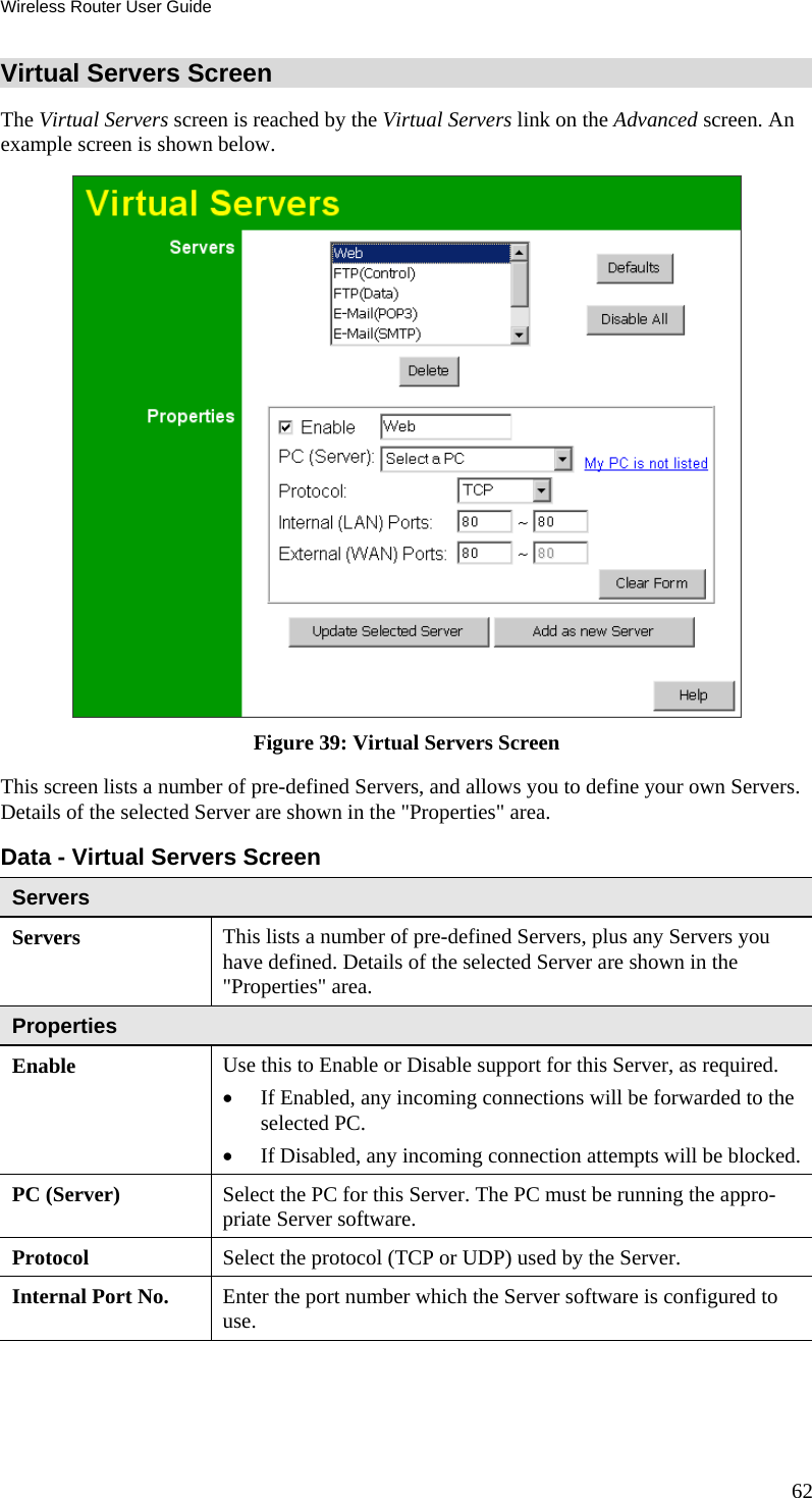 Wireless Router User Guide Virtual Servers Screen The Virtual Servers screen is reached by the Virtual Servers link on the Advanced screen. An example screen is shown below.   Figure 39: Virtual Servers Screen This screen lists a number of pre-defined Servers, and allows you to define your own Servers. Details of the selected Server are shown in the &quot;Properties&quot; area. Data - Virtual Servers Screen Servers Servers This lists a number of pre-defined Servers, plus any Servers you have defined. Details of the selected Server are shown in the &quot;Properties&quot; area. Properties Enable Use this to Enable or Disable support for this Server, as required.  •  If Enabled, any incoming connections will be forwarded to the selected PC. •  If Disabled, any incoming connection attempts will be blocked. PC (Server)  Select the PC for this Server. The PC must be running the appro-priate Server software. Protocol  Select the protocol (TCP or UDP) used by the Server. Internal Port No.  Enter the port number which the Server software is configured to use. 62 