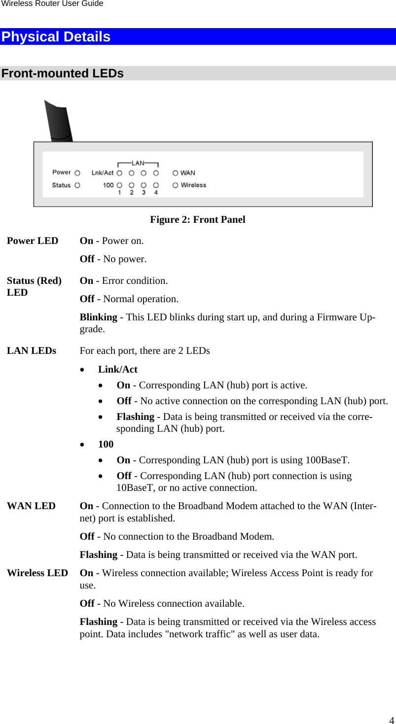 Wireless Router User Guide Physical Details  Front-mounted LEDs  Figure 2: Front Panel Power LED  On - Power on. Off - No power. Status (Red) LED  On - Error condition. Off - Normal operation. Blinking - This LED blinks during start up, and during a Firmware Up-grade. LAN LEDs  For each port, there are 2 LEDs •  Link/Act •  On - Corresponding LAN (hub) port is active. •  Off - No active connection on the corresponding LAN (hub) port. •  Flashing - Data is being transmitted or received via the corre-sponding LAN (hub) port. •  100 •  On - Corresponding LAN (hub) port is using 100BaseT. •  Off - Corresponding LAN (hub) port connection is using 10BaseT, or no active connection. WAN LED  On - Connection to the Broadband Modem attached to the WAN (Inter-net) port is established.  Off - No connection to the Broadband Modem. Flashing - Data is being transmitted or received via the WAN port. Wireless LED  On - Wireless connection available; Wireless Access Point is ready for use. Off - No Wireless connection available. Flashing - Data is being transmitted or received via the Wireless access point. Data includes &quot;network traffic&quot; as well as user data.  4 