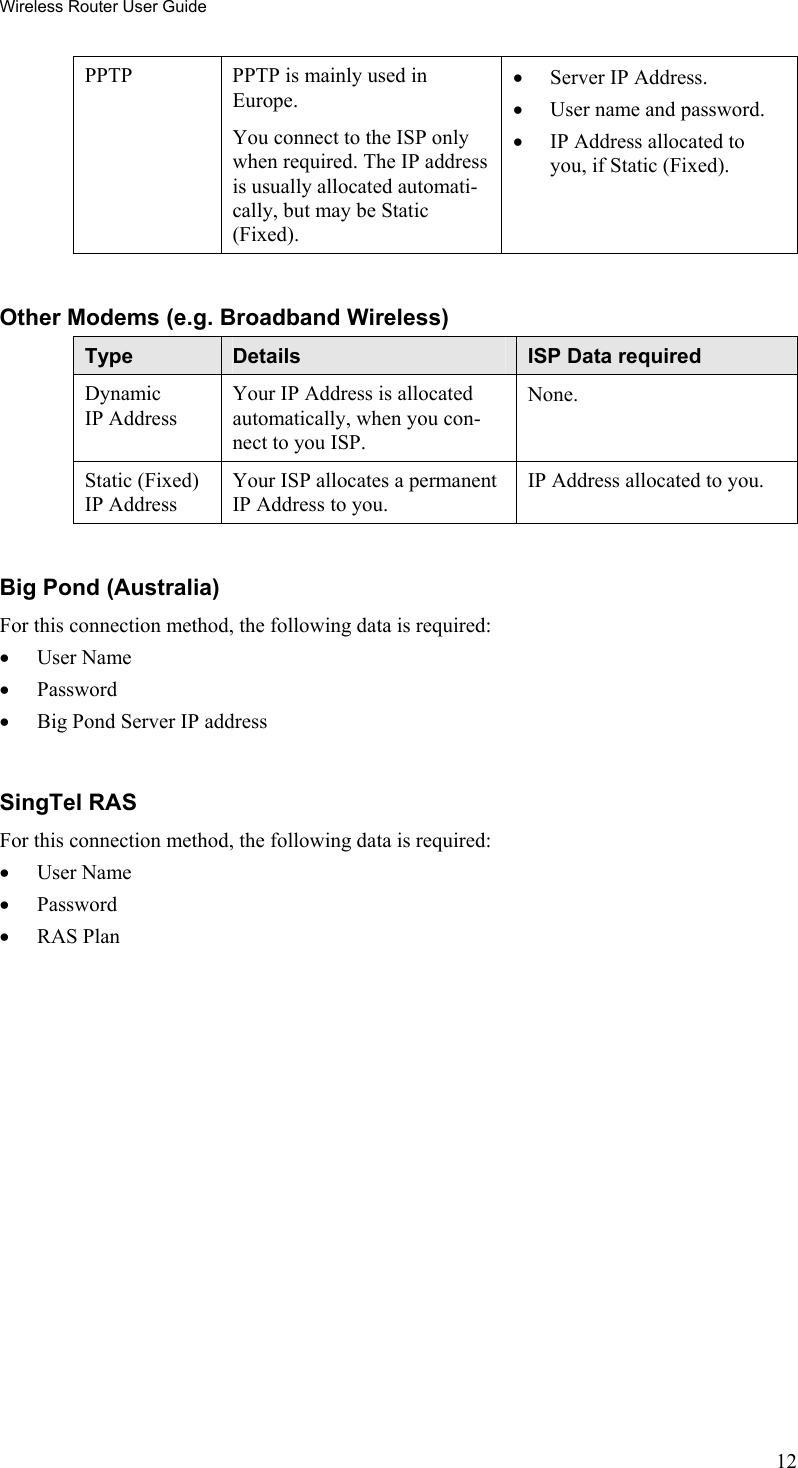 Wireless Router User Guide PPTP  PPTP is mainly used in Europe. You connect to the ISP only when required. The IP address is usually allocated automati-cally, but may be Static (Fixed). •  Server IP Address. •  User name and password. •  IP Address allocated to you, if Static (Fixed).  Other Modems (e.g. Broadband Wireless) Type  Details  ISP Data required Dynamic IP Address Your IP Address is allocated automatically, when you con-nect to you ISP. None. Static (Fixed) IP Address Your ISP allocates a permanent IP Address to you. IP Address allocated to you.  Big Pond (Australia) For this connection method, the following data is required: •  User Name •  Password •  Big Pond Server IP address  SingTel RAS For this connection method, the following data is required: •  User Name •  Password •  RAS Plan 12 