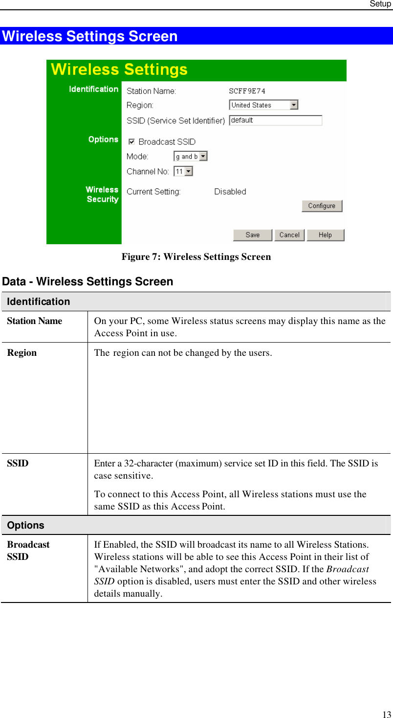 Setup 13 Wireless Settings Screen  Figure 7: Wireless Settings Screen Data - Wireless Settings Screen Identification Station Name On your PC, some Wireless status screens may display this name as the Access Point in use. Region The region can not be changed by the users.SSID Enter a 32-character (maximum) service set ID in this field. The SSID is case sensitive. To connect to this Access Point, all Wireless stations must use the same SSID as this Access Point.  Options Broadcast SSID If Enabled, the SSID will broadcast its name to all Wireless Stations. Wireless stations will be able to see this Access Point in their list of &quot;Available Networks&quot;, and adopt the correct SSID. If the Broadcast SSID option is disabled, users must enter the SSID and other wireless details manually. 