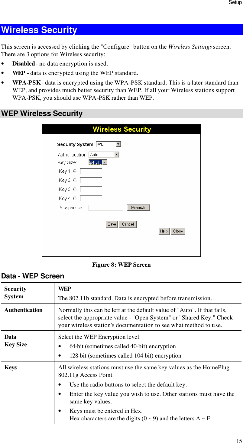 Setup 15 Wireless Security  This screen is accessed by clicking the &quot;Configure&quot; button on the Wireless Settings screen. There are 3 options for Wireless security: • Disabled - no data encryption is used. • WEP - data is encrypted using the WEP standard. • WPA-PSK - data is encrypted using the WPA-PSK standard. This is a later standard than WEP, and provides much better security than WEP. If all your Wireless stations support WPA-PSK, you should use WPA-PSK rather than WEP. WEP Wireless Security  Figure 8: WEP Screen Data - WEP Screen Security System WEP The 802.11b standard. Data is encrypted before transmission. Authentication  Normally this can be left at the default value of &quot;Auto&quot;. If that fails, select the appropriate value - &quot;Open System&quot; or &quot;Shared Key.&quot; Check your wireless station&apos;s documentation to see what method to use. Data Key Size Select the WEP Encryption level:  • 64-bit (sometimes called 40-bit) encryption  • 128-bit (sometimes called 104 bit) encryption  Keys All wireless stations must use the same key values as the HomePlug 802.11g Access Point. • Use the radio buttons to select the default key.  • Enter the key value you wish to use. Other stations must have the same key values.  • Keys must be entered in Hex.  Hex characters are the digits (0 ~ 9) and the letters A ~ F.  