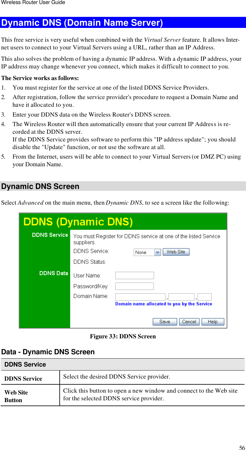 Wireless Router User Guide 56 Dynamic DNS (Domain Name Server) This free service is very useful when combined with the Virtual Server feature. It allows Inter-net users to connect to your Virtual Servers using a URL, rather than an IP Address. This also solves the problem of having a dynamic IP address. With a dynamic IP address, your IP address may change whenever you connect, which makes it difficult to connect to you. The Service works as follows: 1. You must register for the service at one of the listed DDNS Service Providers. 2. After registration, follow the service provider&apos;s procedure to request a Domain Name and have it allocated to you. 3. Enter your DDNS data on the Wireless Router&apos;s DDNS screen. 4. The Wireless Router will then automatically ensure that your current IP Address is re-corded at the DDNS server. If the DDNS Service provides software to perform this &quot;IP address update&quot;; you should disable the &quot;Update&quot; function, or not use the software at all. 5. From the Internet, users will be able to connect to your Virtual Servers (or DMZ PC) using your Domain Name.  Dynamic DNS Screen Select Advanced on the main menu, then Dynamic DNS, to see a screen like the following:  Figure 33: DDNS Screen Data - Dynamic DNS Screen DDNS Service DDNS Service Select the desired DDNS Service provider.  Web Site Button Click this button to open a new window and connect to the Web site for the selected DDNS service provider. 