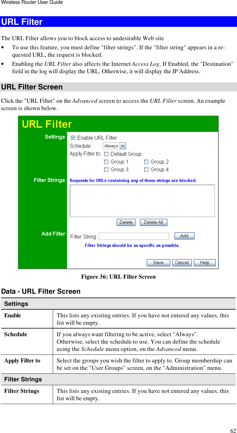 Wireless Router User Guide 62 URL Filter The URL Filter allows you to block access to undesirable Web site • To use this feature, you must define &quot;filter strings&quot;. If the &quot;filter string&quot; appears in a re-quested URL, the request is blocked. • Enabling the URL Filter also affects the Internet Access Log. If Enabled, the &quot;Destination&quot; field in the log will display the URL. Otherwise, it will display the IP Address. URL Filter Screen Click the &quot;URL Filter&quot; on the Advanced screen to access the URL Filter screen. An example screen is shown below.  Figure 36: URL Filter Screen Data - URL Filter Screen Settings Enable This lists any existing entries. If you have not entered any values, this list will be empty. Schedule If you always want filtering to be active, select &quot;Always&quot;. Otherwise, select the schedule to use. You can define the schedule using the Schedule menu option, on the Advanced menu. Apply Filter to Select the groups you wish the filter to apply to. Group membership can be set on the &quot;User Groups&quot; screen, on the &quot;Administration&quot; menu. Filter Strings Filter Strings This lists any existing entries. If you have not entered any values, this list will be empty. 