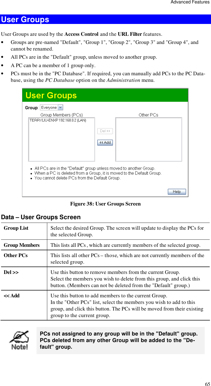 Advanced Features 65 User Groups User Groups are used by the Access Control and the URL Filter features. • Groups are pre-named &quot;Default&quot;, &quot;Group 1&quot;, &quot;Group 2&quot;, &quot;Group 3&quot; and &quot;Group 4&quot;, and cannot be renamed.  • All PCs are in the &quot;Default&quot; group, unless moved to another group.  • A PC can be a member of 1 group only.  • PCs must be in the &quot;PC Database&quot;. If required, you can manually add PCs to the PC Data-base, using the PC Database option on the Administration menu.   Figure 38: User Groups Screen Data – User Groups Screen Group List Select the desired Group. The screen will update to display the PCs for the selected Group. Group Members This lists all PCs , which are currently members of the selected group. Other PCs This lists all other PCs – those, which are not currently members of the selected group. Del &gt;&gt; Use this button to remove members from the current Group.  Select the members you wish to delete from this group, and click this button. (Members can not be deleted from the &quot;Default&quot; group.) &lt;&lt; Add Use this button to add members to the current Group. In the &quot;Other PCs&quot; list, select the members you wish to add to this group, and click this button. The PCs will be moved from their existing group to the current group.   PCs not assigned to any group will be in the &quot;Default&quot; group. PCs deleted from any other Group will be added to the &quot;De-fault&quot; group. 