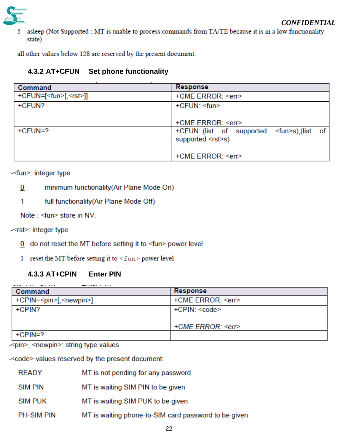                                                                                                                                                                                             CONFIDENTIAL           22   4.3.2 AT+CFUN  Set phone functionality   4.3.3 AT+CPIN  Enter PIN   