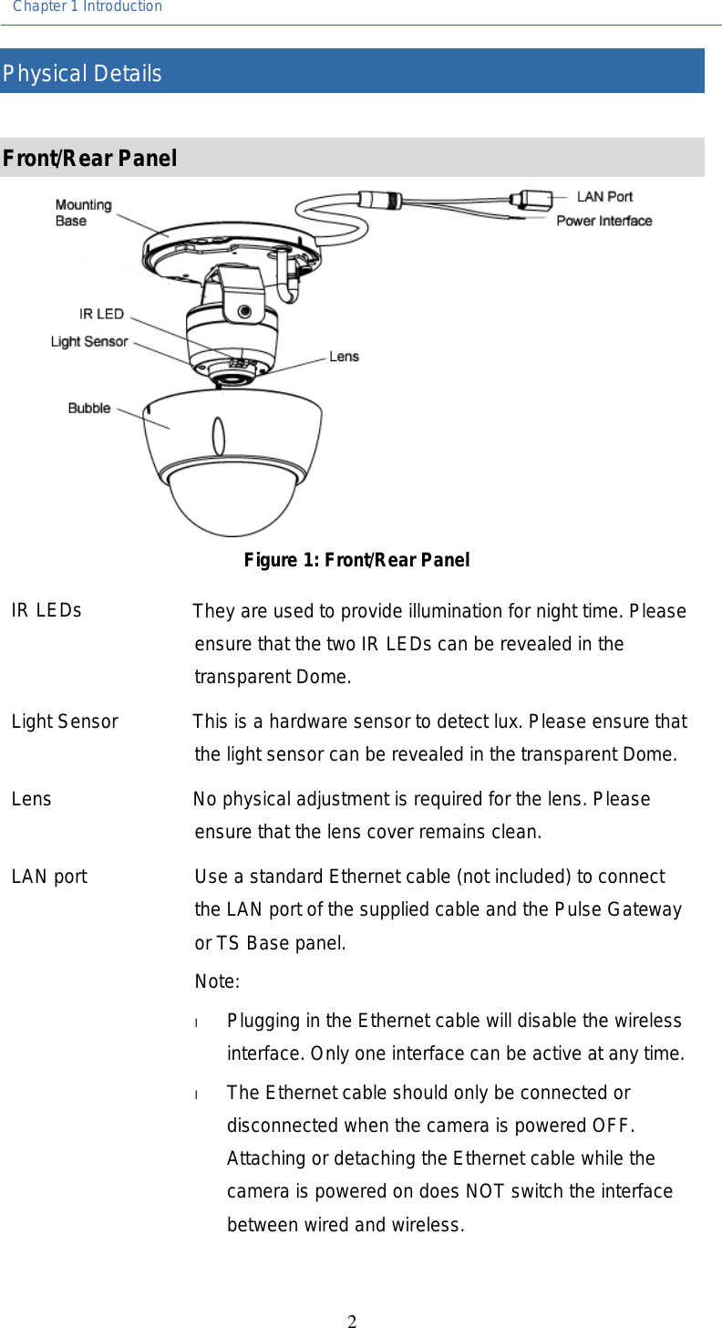 Chapter 1 Introduction  2 Physical Details  Front/Rear Panel  Figure 1: Front/Rear Panel IR LEDs  They are used to provide illumination for night time. Please ensure that the two IR LEDs can be revealed in the transparent Dome.  Light Sensor  This is a hardware sensor to detect lux. Please ensure that the light sensor can be revealed in the transparent Dome. Lens  No physical adjustment is required for the lens. Please ensure that the lens cover remains clean. LAN port  Use a standard Ethernet cable (not included) to connect the LAN port of the supplied cable and the Pulse Gateway or TS Base panel. Note: l Plugging in the Ethernet cable will disable the wireless interface. Only one interface can be active at any time. l The Ethernet cable should only be connected or disconnected when the camera is powered OFF. Attaching or detaching the Ethernet cable while the camera is powered on does NOT switch the interface between wired and wireless. 