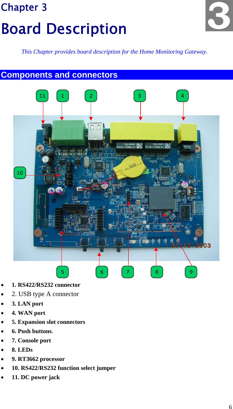  6 Chapter 3 Board Description This Chapter provides board description for the Home Monitoring Gateway. Components and connectors 1 2 3 4987651011 •  1. RS422/RS232 connector •  2. USB type A connector •  3. LAN port  •  4. WAN port  •  5. Expansion slot connectors •  6. Push buttons. •  7. Console port •  8. LEDs •  9. RT3662 processor •  10. RS422/RS232 function select jumper •  11. DC power jack 3 