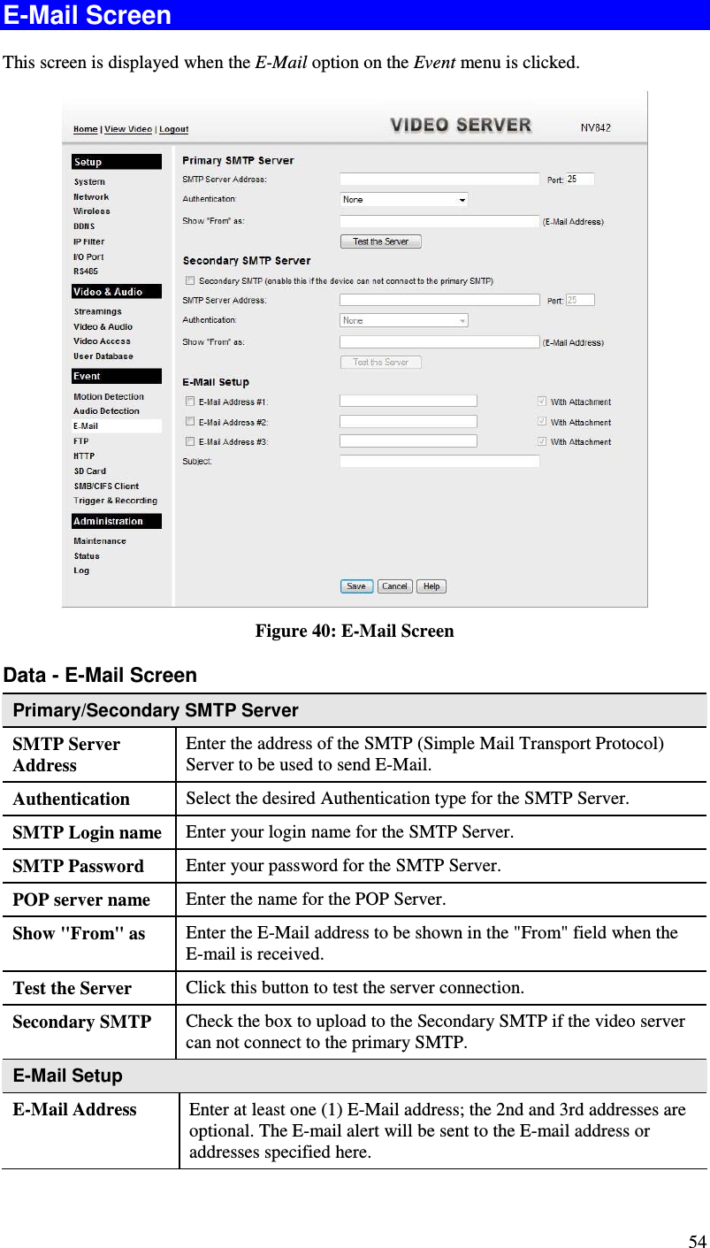 54 E-Mail Screen This screen is displayed when the E-Mail option on the Event menu is clicked.  Figure 40: E-Mail Screen Data - E-Mail Screen Primary/Secondary SMTP Server SMTP Server Address Enter the address of the SMTP (Simple Mail Transport Protocol) Server to be used to send E-Mail. Authentication  Select the desired Authentication type for the SMTP Server. SMTP Login name  Enter your login name for the SMTP Server. SMTP Password  Enter your password for the SMTP Server. POP server name  Enter the name for the POP Server. Show &quot;From&quot; as  Enter the E-Mail address to be shown in the &quot;From&quot; field when the E-mail is received. Test the Server  Click this button to test the server connection.  Secondary SMTP  Check the box to upload to the Secondary SMTP if the video server can not connect to the primary SMTP.   E-Mail Setup E-Mail Address  Enter at least one (1) E-Mail address; the 2nd and 3rd addresses are optional. The E-mail alert will be sent to the E-mail address or addresses specified here. 