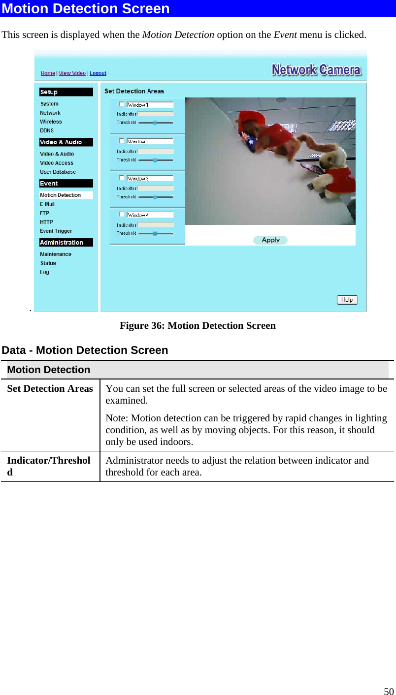  50 Motion Detection Screen This screen is displayed when the Motion Detection option on the Event menu is clicked. .   Figure 36: Motion Detection Screen Data - Motion Detection Screen Motion Detection Set Detection Areas   You can set the full screen or selected areas of the video image to be examined.  Note: Motion detection can be triggered by rapid changes in lighting condition, as well as by moving objects. For this reason, it should only be used indoors. Indicator/Threshold  Administrator needs to adjust the relation between indicator and threshold for each area.   