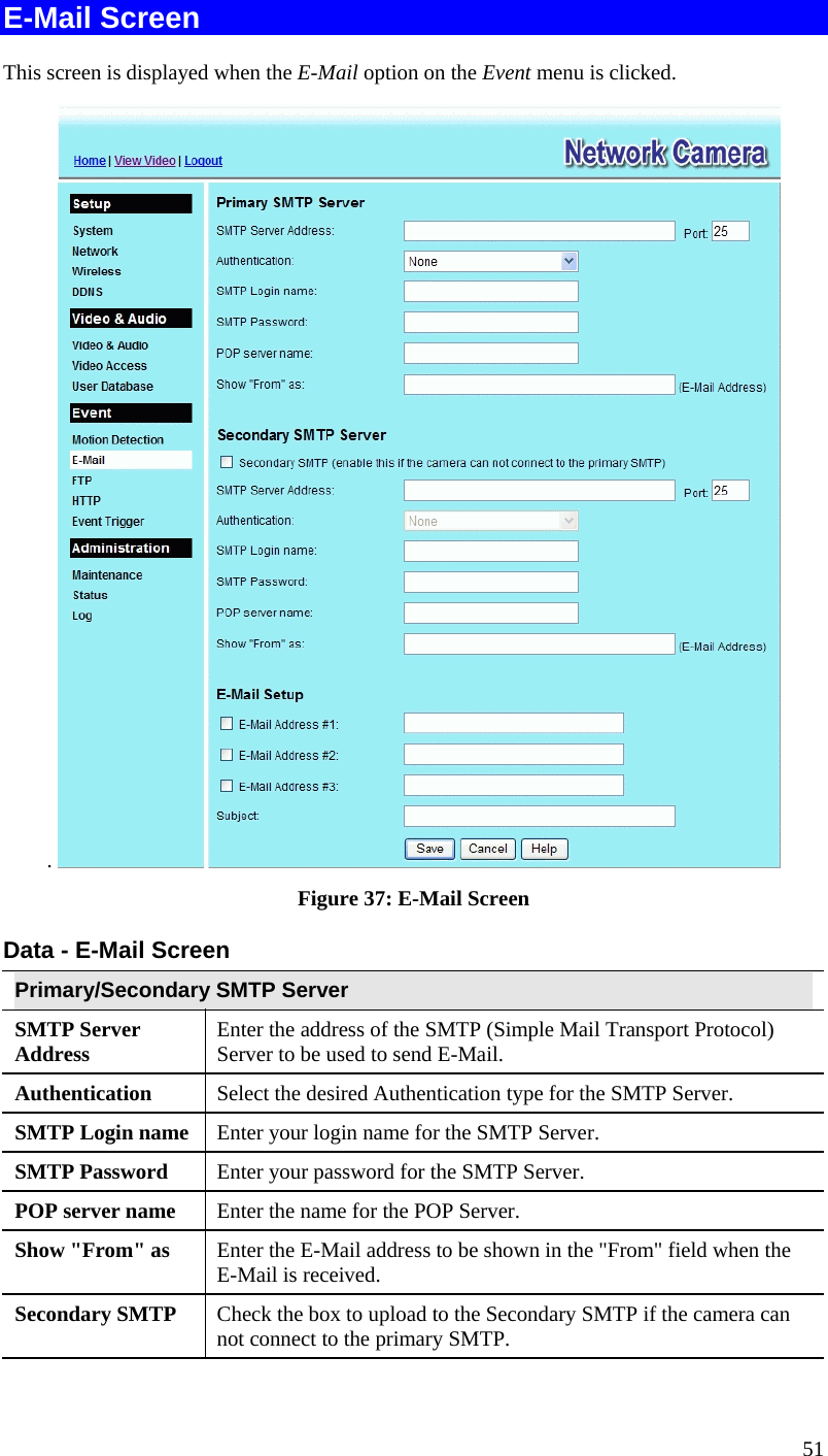  51 E-Mail Screen This screen is displayed when the E-Mail option on the Event menu is clicked. .   Figure 37: E-Mail Screen Data - E-Mail Screen Primary/Secondary SMTP Server SMTP Server Address  Enter the address of the SMTP (Simple Mail Transport Protocol) Server to be used to send E-Mail. Authentication  Select the desired Authentication type for the SMTP Server. SMTP Login name  Enter your login name for the SMTP Server. SMTP Password  Enter your password for the SMTP Server. POP server name  Enter the name for the POP Server. Show &quot;From&quot; as  Enter the E-Mail address to be shown in the &quot;From&quot; field when the E-Mail is received. Secondary SMTP  Check the box to upload to the Secondary SMTP if the camera can not connect to the primary SMTP.   
