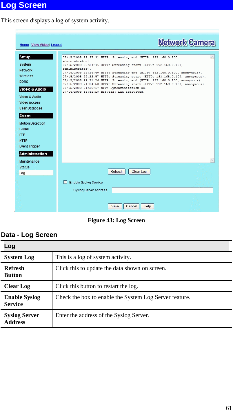  61 Log Screen This screen displays a log of system activity. . Figure 43: Log Screen Data - Log Screen Log System Log  This is a log of system activity. Refresh Button  Click this to update the data shown on screen. Clear Log  Click this button to restart the log. Enable Syslog Service  Check the box to enable the System Log Server feature. Syslog Server Address  Enter the address of the Syslog Server.  
