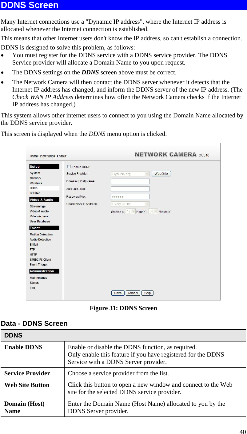  DDNS Screen Many Internet connections use a &quot;Dynamic IP address&quot;, where the Internet IP address is allocated whenever the Internet connection is established. This means that other Internet users don&apos;t know the IP address, so can&apos;t establish a connection. DDNS is designed to solve this problem, as follows: •  You must register for the DDNS service with a DDNS service provider. The DDNS Service provider will allocate a Domain Name to you upon request. •  The DDNS settings on the DDNS screen above must be correct. •  The Network Camera will then contact the DDNS server whenever it detects that the Internet IP address has changed, and inform the DDNS server of the new IP address. (The Check WAN IP Address determines how often the Network Camera checks if the Internet IP address has changed.) This system allows other internet users to connect to you using the Domain Name allocated by the DDNS service provider. This screen is displayed when the DDNS menu option is clicked.  Figure 31: DDNS Screen Data - DDNS Screen DDNS Enable DDNS   Enable or disable the DDNS function, as required.  Only enable this feature if you have registered for the DDNS Service with a DDNS Server provider. Service Provider  Choose a service provider from the list. Web Site Button  Click this button to open a new window and connect to the Web site for the selected DDNS service provider. Domain (Host) Name  Enter the Domain Name (Host Name) allocated to you by the DDNS Server provider. 40 
