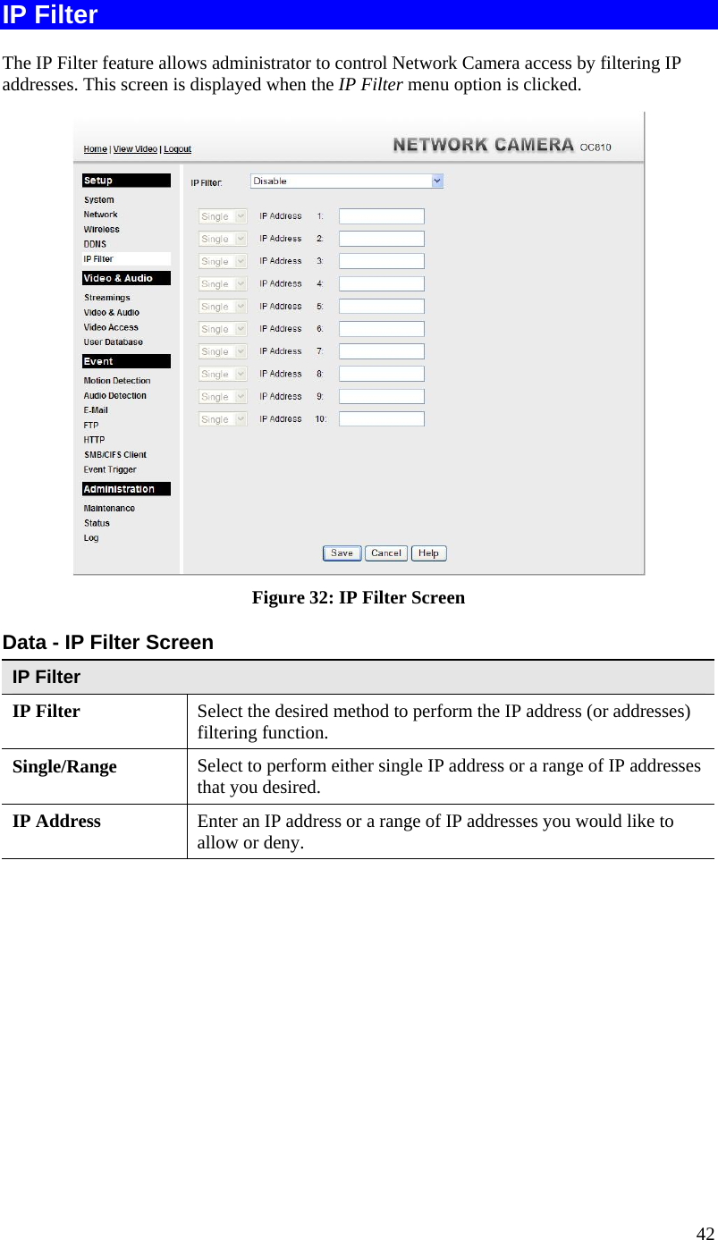  IP Filter The IP Filter feature allows administrator to control Network Camera access by filtering IP addresses. This screen is displayed when the IP Filter menu option is clicked.  Figure 32: IP Filter Screen Data - IP Filter Screen IP Filter IP Filter  Select the desired method to perform the IP address (or addresses) filtering function. Single/Range Select to perform either single IP address or a range of IP addresses that you desired.  IP Address  Enter an IP address or a range of IP addresses you would like to allow or deny.  42 
