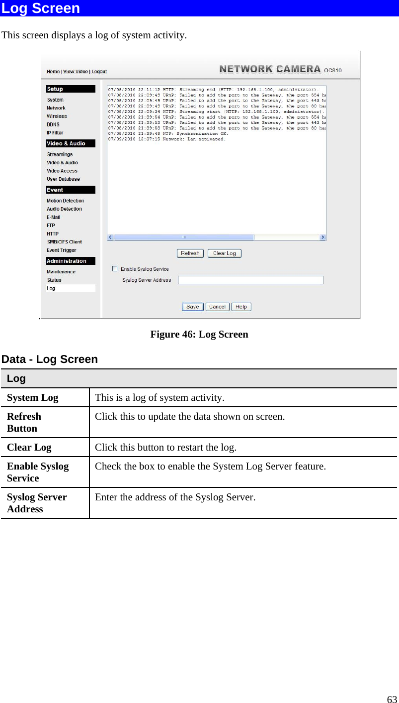  Log Screen This screen displays a log of system activity. . Figure 46: Log Screen Data - Log Screen Log System Log  This is a log of system activity. Refresh Button  Click this to update the data shown on screen. Clear Log  Click this button to restart the log. Enable Syslog Service  Check the box to enable the System Log Server feature. Syslog Server Address  Enter the address of the Syslog Server.  63 