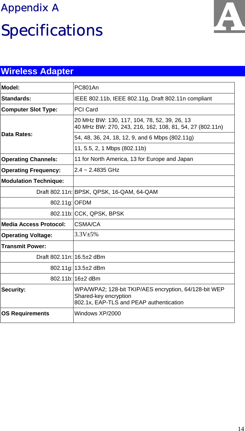  14 Appendix A Specifications  Wireless Adapter  Model:  PC801An Standards:   IEEE 802.11b, IEEE 802.11g, Draft 802.11n compliant Computer Slot Type:  PCI Card 20 MHz BW: 130, 117, 104, 78, 52, 39, 26, 13 40 MHz BW: 270, 243, 216, 162, 108, 81, 54, 27 (802.11n) 54, 48, 36, 24, 18, 12, 9, and 6 Mbps (802.11g) Data Rates: 11, 5.5, 2, 1 Mbps (802.11b) Operating Channels:  11 for North America, 13 for Europe and Japan Operating Frequency:  2.4 ~ 2.4835 GHz Modulation Technique:    Draft 802.11n: BPSK, QPSK, 16-QAM, 64-QAM 802.11g: OFDM 802.11b: CCK, QPSK, BPSK Media Access Protocol:  CSMA/CA Operating Voltage:  3.3V±5%  Transmit Power:    Draft 802.11n: 16.5±2 dBm 802.11g: 13.5±2 dBm 802.11b: 16±2 dBm Security:  WPA/WPA2; 128-bit TKIP/AES encryption, 64/128-bit WEP Shared-key encryption 802.1x, EAP-TLS and PEAP authentication OS Requirements  Windows XP/2000   A 