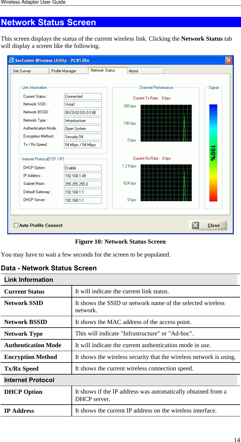 Wireless Adapter User Guide 14 Network Status Screen This screen displays the status of the current wireless link. Clicking the Network Status tab will display a screen like the following.  Figure 10: Network Status Screen You may have to wait a few seconds for the screen to be populated. Data - Network Status Screen Link Information Current Status  It will indicate the current link status. Network SSID  It shows the SSID or network name of the selected wireless network. Network BSSID  It shows the MAC address of the access point. Network Type  This will indicate &quot;Infrastructure&quot; or &quot;Ad-hoc&quot;. Authentication Mode  It will indicate the current authentication mode in use. Encryption Method  It shows the wireless security that the wireless network is using. Tx/Rx Speed  It shows the current wireless connection speed. Internet Protocol DHCP Option  It shows if the IP address was automatically obtained from a DHCP server. IP Address  It shows the current IP address on the wireless interface. 