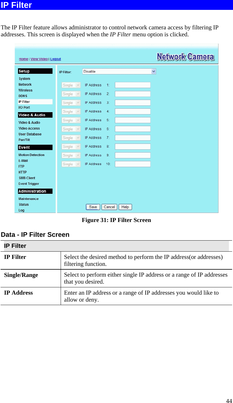  44 IP Filter  The IP Filter feature allows administrator to control network camera access by filtering IP addresses. This screen is displayed when the IP Filter menu option is clicked.  Figure 31: IP Filter Screen Data - IP Filter Screen IP Filter IP Filter  Select the desired method to perform the IP address(or addresses) filtering function. Single/Range Select to perform either single IP address or a range of IP addresses that you desired.  IP Address  Enter an IP address or a range of IP addresses you would like to allow or deny.  