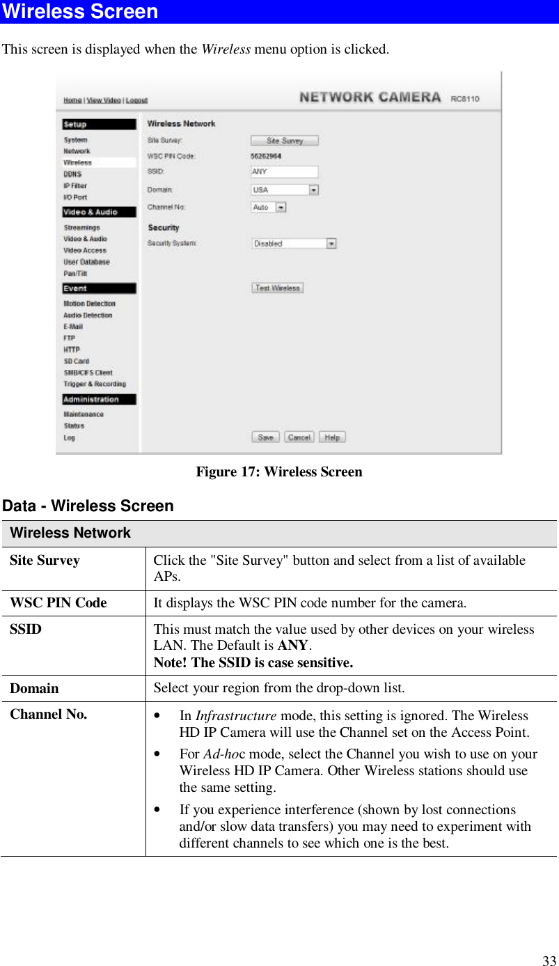  33 Wireless Screen  This screen is displayed when the Wireless menu option is clicked.  Figure 17: Wireless Screen Data - Wireless Screen Wireless Network  Site Survey  Click the &quot;Site Survey&quot; button and select from a list of available APs. WSC PIN Code  It displays the WSC PIN code number for the camera. SSID  This must match the value used by other devices on your wireless LAN. The Default is ANY. Note! The SSID is case sensitive. Domain  Select your region from the drop-down list. Channel No.  • In Infrastructure mode, this setting is ignored. The Wireless HD IP Camera will use the Channel set on the Access Point. • For Ad-hoc mode, select the Channel you wish to use on your Wireless HD IP Camera. Other Wireless stations should use the same setting. • If you experience interference (shown by lost connections and/or slow data transfers) you may need to experiment with different channels to see which one is the best. 