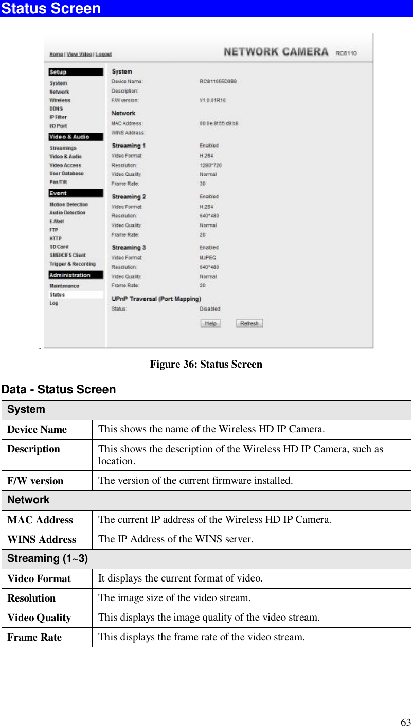  63 Status Screen .   Figure 36: Status Screen Data - Status Screen System Device Name  This shows the name of the Wireless HD IP Camera. Description  This shows the description of the Wireless HD IP Camera, such as location. F/W version  The version of the current firmware installed.  Network MAC Address  The current IP address of the Wireless HD IP Camera. WINS Address  The IP Address of the WINS server. Streaming (1~3) Video Format  It displays the current format of video. Resolution  The image size of the video stream. Video Quality  This displays the image quality of the video stream. Frame Rate  This displays the frame rate of the video stream. 