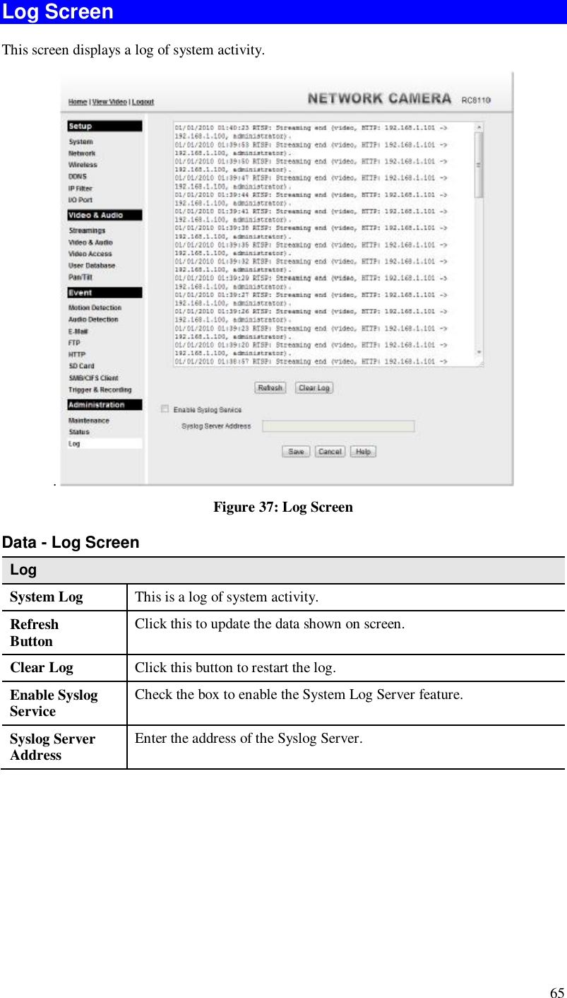  65 Log Screen This screen displays a log of system activity. .   Figure 37: Log Screen Data - Log Screen Log System Log  This is a log of system activity. Refresh Button  Click this to update the data shown on screen. Clear Log  Click this button to restart the log. Enable Syslog Service  Check the box to enable the System Log Server feature. Syslog Server Address  Enter the address of the Syslog Server.  