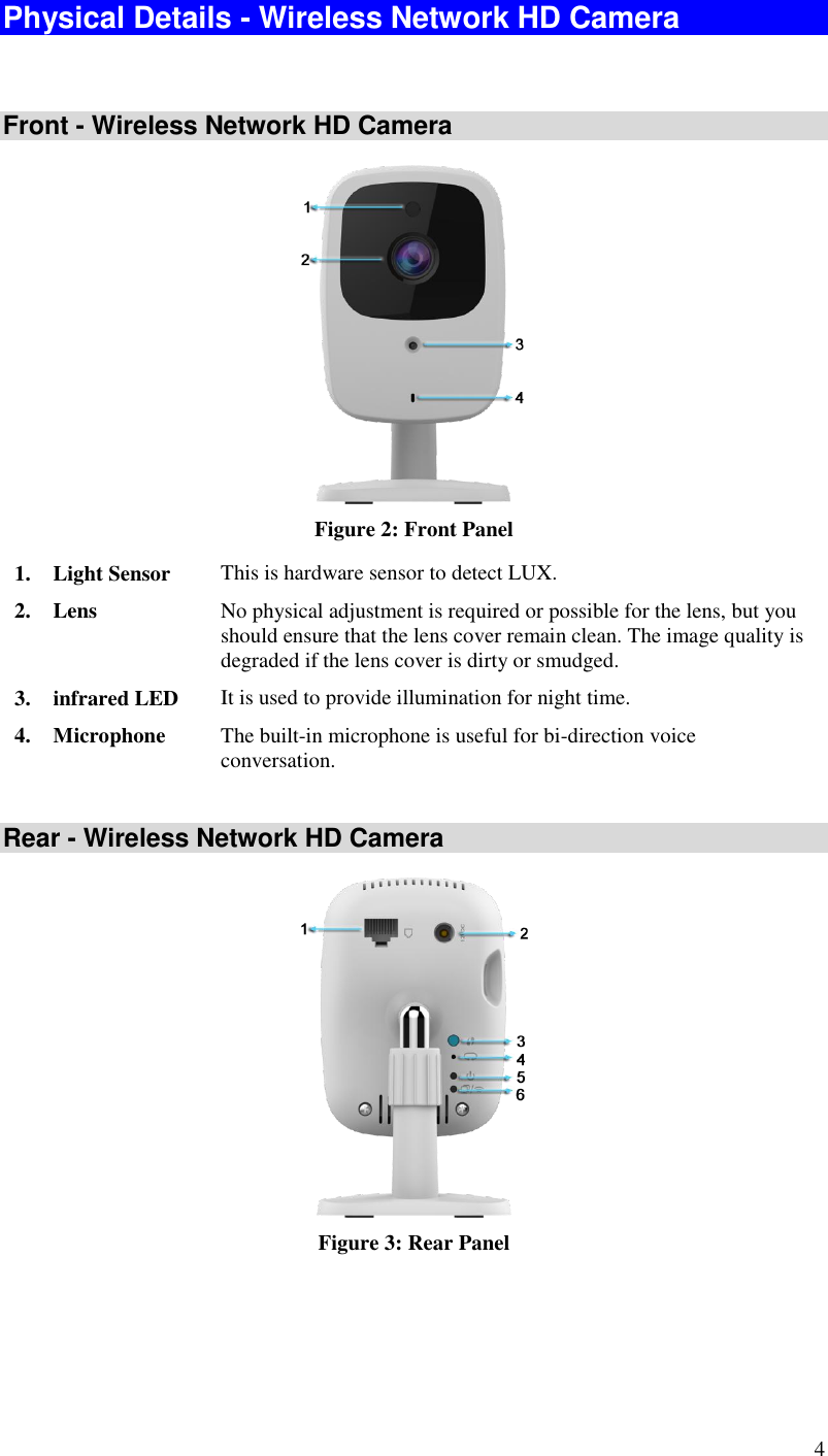 4 Physical Details - Wireless Network HD Camera  Front - Wireless Network HD Camera  Figure 2: Front Panel 1. Light Sensor This is hardware sensor to detect LUX. 2. Lens No physical adjustment is required or possible for the lens, but you should ensure that the lens cover remain clean. The image quality is degraded if the lens cover is dirty or smudged. 3. infrared LED It is used to provide illumination for night time. 4. Microphone The built-in microphone is useful for bi-direction voice conversation.  Rear - Wireless Network HD Camera  Figure 3: Rear Panel 