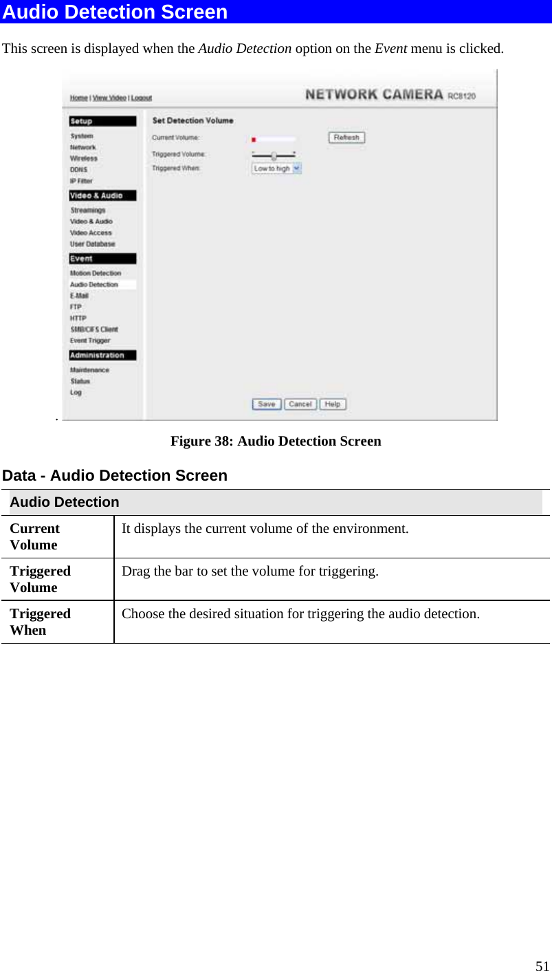  51 Audio Detection Screen This screen is displayed when the Audio Detection option on the Event menu is clicked. .   Figure 38: Audio Detection Screen Data - Audio Detection Screen Audio Detection Current Volume  It displays the current volume of the environment. Triggered Volume  Drag the bar to set the volume for triggering. Triggered When  Choose the desired situation for triggering the audio detection.  