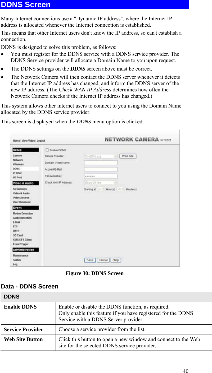  40 DDNS Screen Many Internet connections use a &quot;Dynamic IP address&quot;, where the Internet IP address is allocated whenever the Internet connection is established. This means that other Internet users don&apos;t know the IP address, so can&apos;t establish a connection. DDNS is designed to solve this problem, as follows: • You must register for the DDNS service with a DDNS service provider. The DDNS Service provider will allocate a Domain Name to you upon request. • The DDNS settings on the DDNS screen above must be correct. • The Network Camera will then contact the DDNS server whenever it detects that the Internet IP address has changed, and inform the DDNS server of the new IP address. (The Check WAN IP Address determines how often the Network Camera checks if the Internet IP address has changed.) This system allows other internet users to connect to you using the Domain Name allocated by the DDNS service provider. This screen is displayed when the DDNS menu option is clicked.  Figure 30: DDNS Screen Data - DDNS Screen DDNS Enable DDNS   Enable or disable the DDNS function, as required.  Only enable this feature if you have registered for the DDNS Service with a DDNS Server provider. Service Provider  Choose a service provider from the list. Web Site Button  Click this button to open a new window and connect to the Web site for the selected DDNS service provider. 