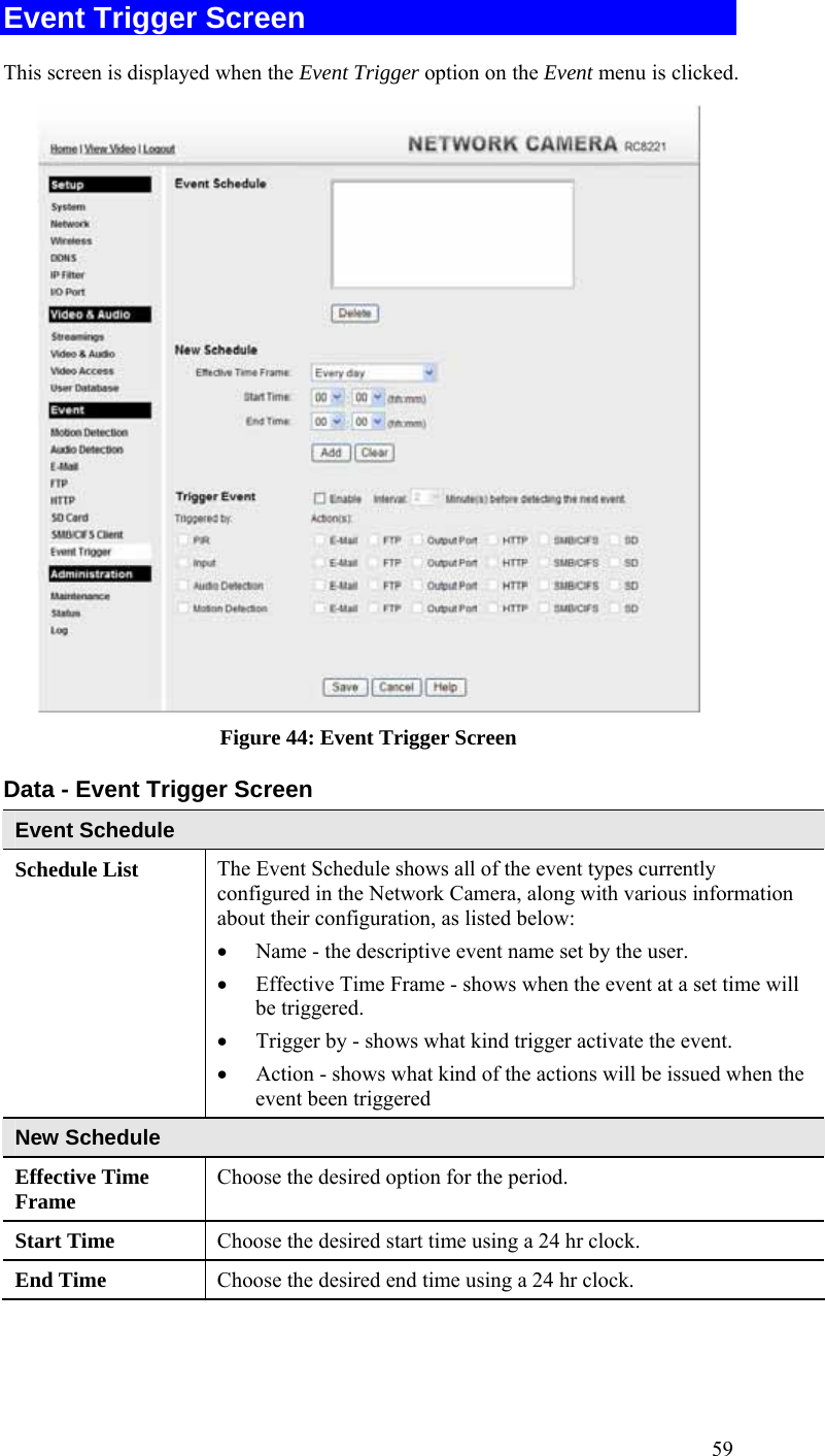  59 Event Trigger Screen This screen is displayed when the Event Trigger option on the Event menu is clicked.  Figure 44: Event Trigger Screen Data - Event Trigger Screen Event Schedule Schedule List   The Event Schedule shows all of the event types currently configured in the Network Camera, along with various information about their configuration, as listed below:  • Name - the descriptive event name set by the user. • Effective Time Frame - shows when the event at a set time will be triggered. • Trigger by - shows what kind trigger activate the event. • Action - shows what kind of the actions will be issued when the event been triggered New Schedule Effective Time Frame  Choose the desired option for the period. Start Time  Choose the desired start time using a 24 hr clock. End Time  Choose the desired end time using a 24 hr clock. 