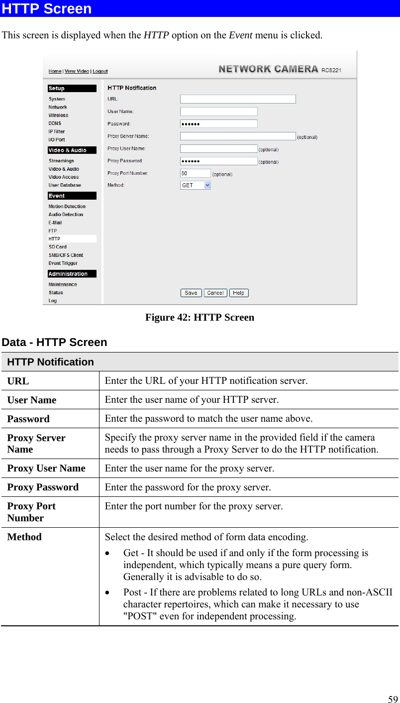  59 HTTP Screen This screen is displayed when the HTTP option on the Event menu is clicked.  Figure 42: HTTP Screen Data - HTTP Screen HTTP Notification URL  Enter the URL of your HTTP notification server. User Name  Enter the user name of your HTTP server. Password  Enter the password to match the user name above. Proxy Server Name  Specify the proxy server name in the provided field if the camera needs to pass through a Proxy Server to do the HTTP notification. Proxy User Name  Enter the user name for the proxy server. Proxy Password  Enter the password for the proxy server. Proxy Port Number  Enter the port number for the proxy server. Method  Select the desired method of form data encoding.   Get - It should be used if and only if the form processing is independent, which typically means a pure query form. Generally it is advisable to do so.   Post - If there are problems related to long URLs and non-ASCII character repertoires, which can make it necessary to use &quot;POST&quot; even for independent processing.  