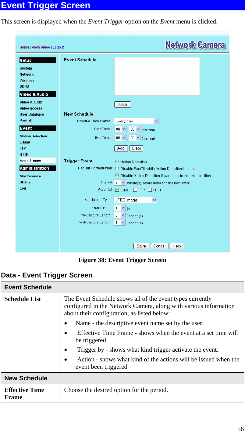  56 Event Trigger Screen This screen is displayed when the Event Trigger option on the Event menu is clicked.  Figure 38: Event Trigger Screen Data - Event Trigger Screen Event Schedule Schedule List   The Event Schedule shows all of the event types currently configured in the Network Camera, along with various information about their configuration, as listed below:   Name - the descriptive event name set by the user.   Effective Time Frame - shows when the event at a set time will be triggered.   Trigger by - shows what kind trigger activate the event.   Action - shows what kind of the actions will be issued when the event been triggered New Schedule Effective Time Frame  Choose the desired option for the period. 