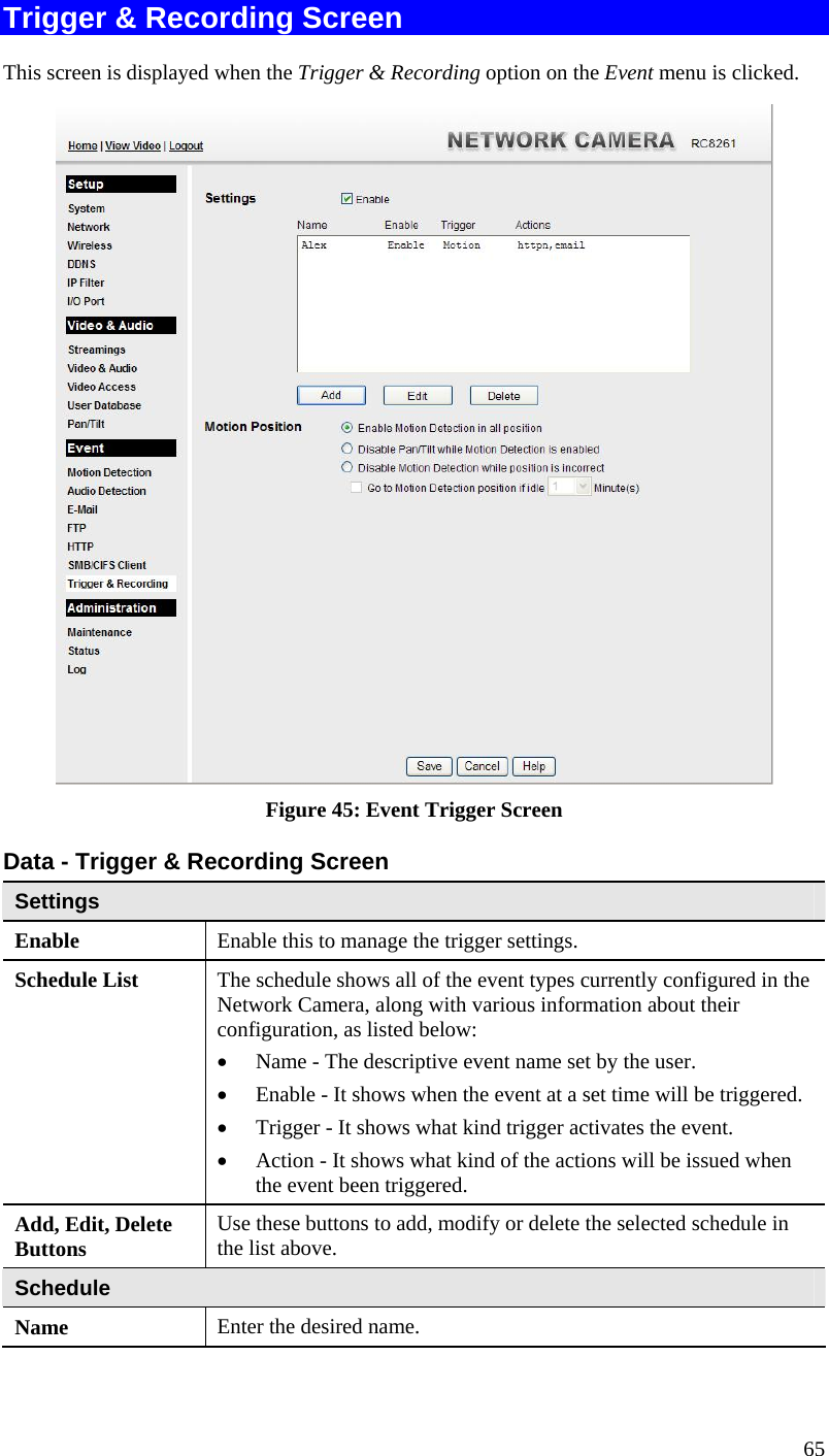  65 Trigger &amp; Recording Screen This screen is displayed when the Trigger &amp; Recording option on the Event menu is clicked.  Figure 45: Event Trigger Screen Data - Trigger &amp; Recording Screen Settings Enable  Enable this to manage the trigger settings. Schedule List   The schedule shows all of the event types currently configured in the Network Camera, along with various information about their configuration, as listed below:   Name - The descriptive event name set by the user.  Enable - It shows when the event at a set time will be triggered.  Trigger - It shows what kind trigger activates the event.  Action - It shows what kind of the actions will be issued when the event been triggered. Add, Edit, Delete Buttons  Use these buttons to add, modify or delete the selected schedule in the list above.  Schedule Name  Enter the desired name. 