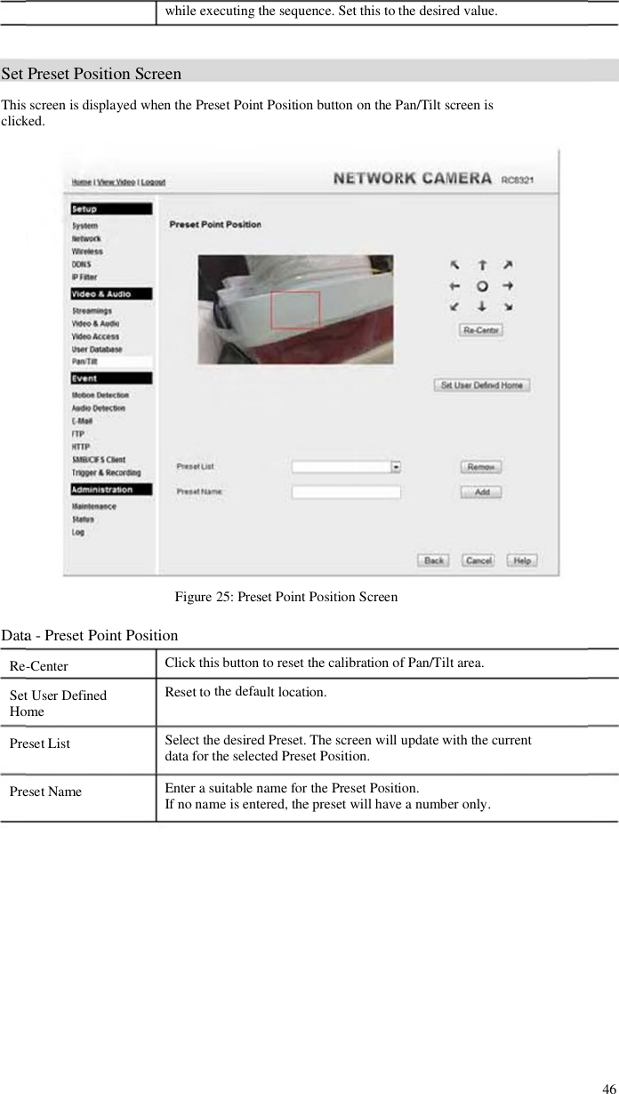 SetThisclickDataRe-SetHoPrePrePreset screeniked.a - Prese-Centert User Deomeeset ListesetNamPositiois displayet Pointefinedmewon Screeyed whent PositioCRSdEIwhile exenn the PreFigureonClick thiReset toSelect thdata fortEnter asIf no namecutingteset Point25: Presis buttonthe defauhe desiredthe selecsuitablenme is entthe sequet PositionsetPointto resetult locatid Preset.cted Presename forered, theence. Setn buttonPositionthe calibion.The screet Positiothe Prese presetwt this toton thePn Screenbration ofeen willuon.set Positiwill havethe desirePan/Tiltsf Pan/Tilupdatewion.e a numbed valuescreen islt area.with thecer only..current46