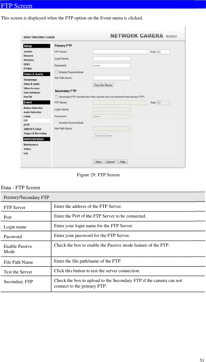 FTPThisDataPriFTPorLogPasEnaMoFileTesSecP Scre screenia - FTPmary/SeP Serverrtgin namesswordable Pasodee PathNst the Sercondaryeenis displayScreenecondaryresiveNamerverFTPyed whenFTPEEEECECCcn the FTPEnter theEnter theEnter youEnter youCheck theEnter theClick thisCheck theconnect tP optionFiguraddressPort oftur loginnurpasswe box tofilepaths buttonte box too theprion theEre 29: FTof the Fthe FTPname forord for thenable thh/nameoto test thuploadtmary FTEvent meTP ScreenTP ServeServer tor the FTPhe FTPShe Passivof the FThe serverto the SecTP.enu is clicner.o be connP Server.Server.ve modeTP.connecticondarycked.nected.featureoion.FTP if thof the FThe camerTP.ra can noot51