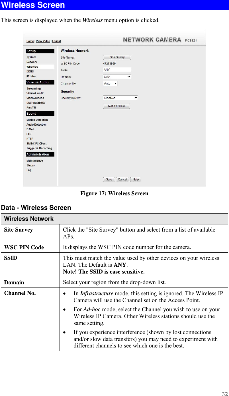  32 Wireless Screen  This screen is displayed when the Wireless menu option is clicked.  Figure 17: Wireless Screen Data - Wireless Screen Wireless Network  Site Survey  Click the &quot;Site Survey&quot; button and select from a list of available APs. WSC PIN Code  It displays the WSC PIN code number for the camera. SSID  This must match the value used by other devices on your wireless LAN. The Default is ANY. Note! The SSID is case sensitive. Domain  Select your region from the drop-down list. Channel No.   In Infrastructure mode, this setting is ignored. The Wireless IP Camera will use the Channel set on the Access Point.  For Ad-hoc mode, select the Channel you wish to use on your Wireless IP Camera. Other Wireless stations should use the same setting.  If you experience interference (shown by lost connections and/or slow data transfers) you may need to experiment with different channels to see which one is the best. 