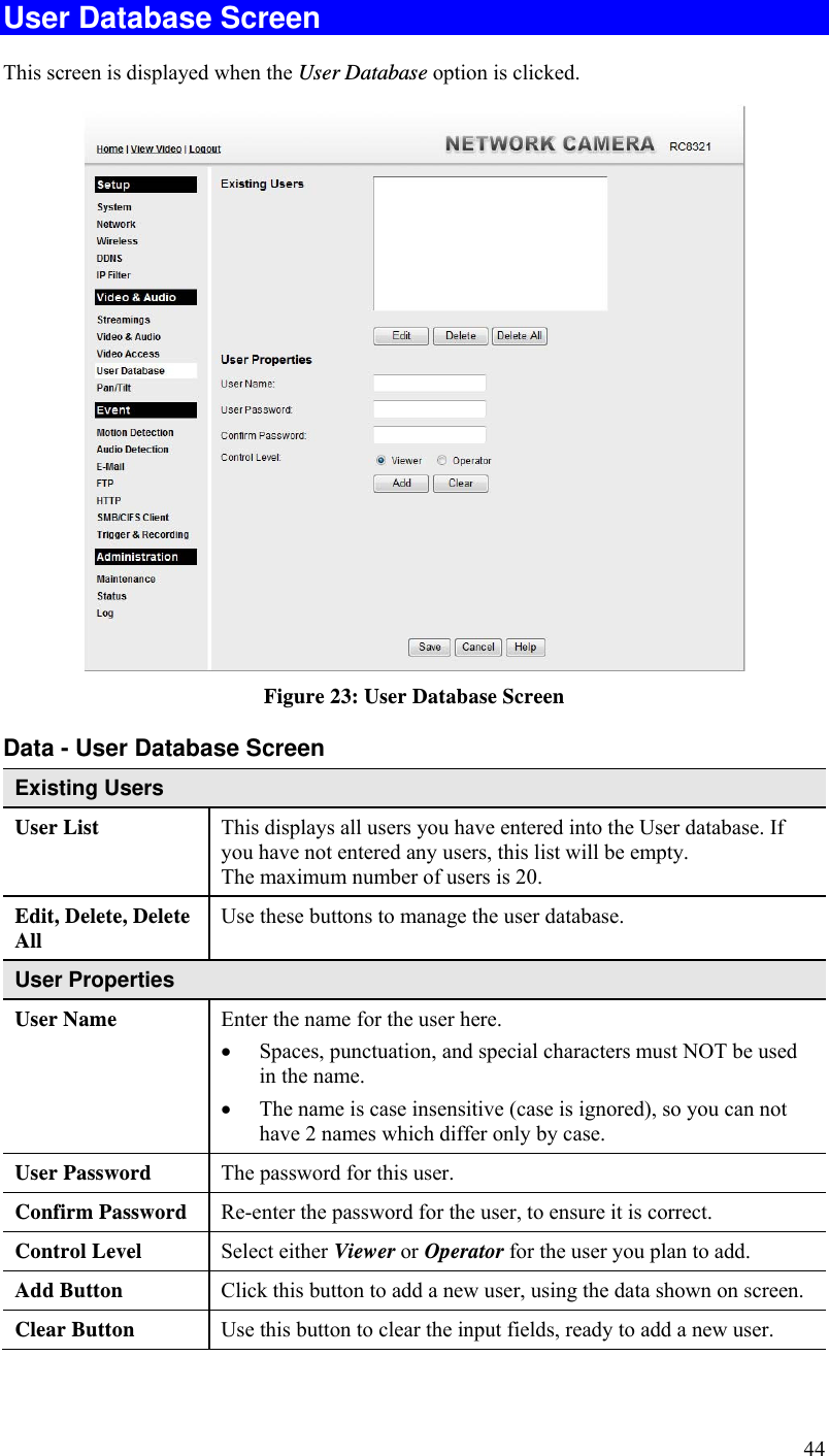  44 User Database Screen This screen is displayed when the User Database option is clicked.  Figure 23: User Database Screen Data - User Database Screen Existing Users User List  This displays all users you have entered into the User database. If you have not entered any users, this list will be empty. The maximum number of users is 20. Edit, Delete, Delete All  Use these buttons to manage the user database. User Properties User Name  Enter the name for the user here.   Spaces, punctuation, and special characters must NOT be used in the name.   The name is case insensitive (case is ignored), so you can not have 2 names which differ only by case. User Password  The password for this user. Confirm Password  Re-enter the password for the user, to ensure it is correct. Control Level  Select either Viewer or Operator for the user you plan to add.  Add Button  Click this button to add a new user, using the data shown on screen. Clear Button  Use this button to clear the input fields, ready to add a new user.  