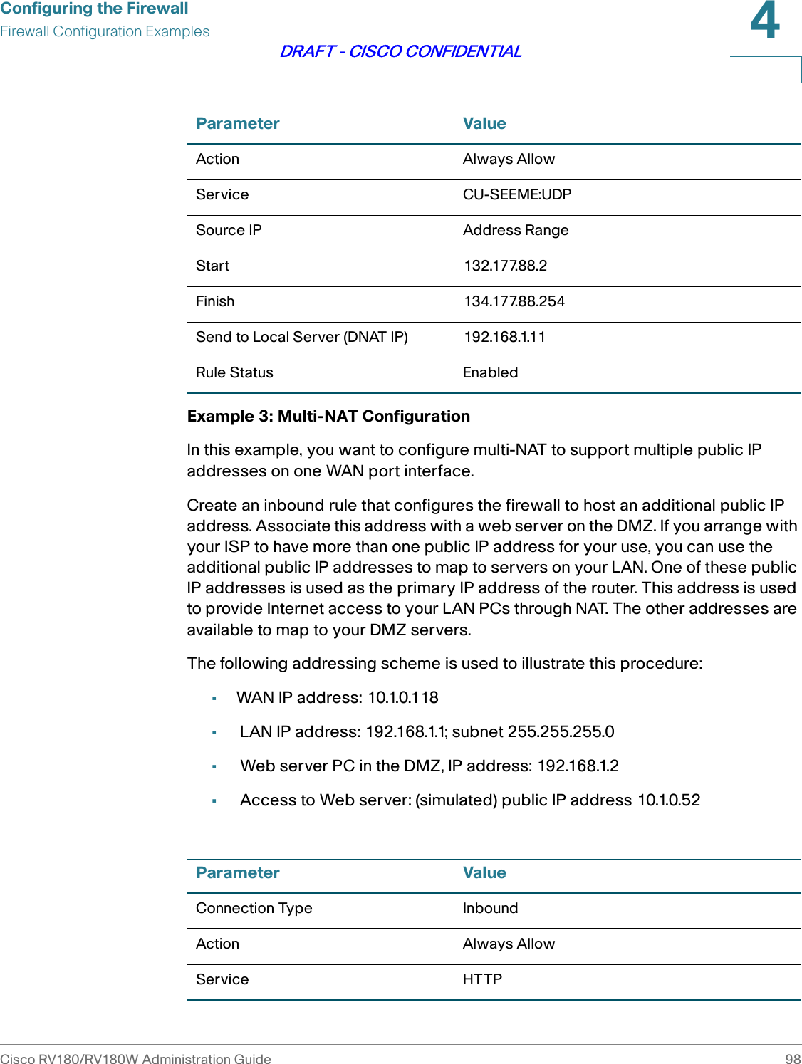 Configuring the FirewallFirewall Configuration ExamplesCisco RV180/RV180W Administration Guide 984DRAFT - CISCO CONFIDENTIALExample 3: Multi-NAT Configuration In this example, you want to configure multi-NAT to support multiple public IP addresses on one WAN port interface.Create an inbound rule that configures the firewall to host an additional public IP address. Associate this address with a web server on the DMZ. If you arrange with your ISP to have more than one public IP address for your use, you can use the additional public IP addresses to map to servers on your LAN. One of these public IP addresses is used as the primary IP address of the router. This address is used to provide Internet access to your LAN PCs through NAT. The other addresses are available to map to your DMZ servers.The following addressing scheme is used to illustrate this procedure:•WAN IP addre ss: 10.1.0.118• LAN IP address: 192.168.1.1; subnet 255.255.255.0• Web server PC in the DMZ, IP address: 192.168.1.2• Access to Web server: (simulated) public IP address 10.1.0.52Action Always AllowService CU-SEEME:UDPSource IP Address RangeStart 132.177.88.2Finish 134.177.88.254Send to Local Server (DNAT IP) 192.168.1.11Rule Status EnabledParameter ValueParameter ValueConnection Type InboundAction Always AllowService HTTP