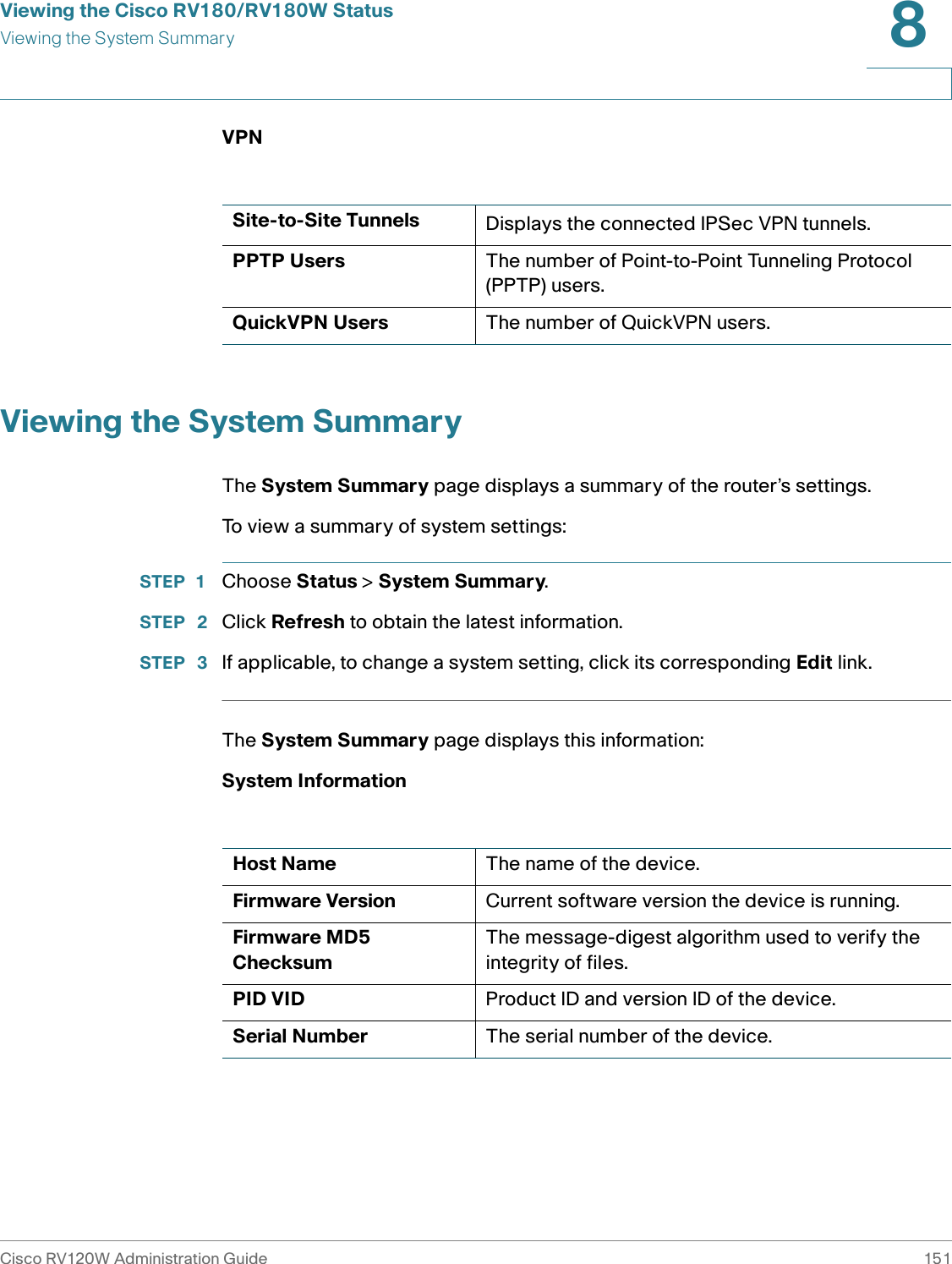 Viewing the Cisco RV180/RV180W StatusViewing the System SummaryCisco RV120W Administration Guide 1518 VPNViewing the System SummaryThe System Summary page displays a summary of the router’s settings.To view a summary of system settings:STEP 1 Choose Status &gt; System Summary. STEP  2 Click Refresh to obtain the latest information.STEP  3 If applicable, to change a system setting, click its corresponding Edit link.The System Summary page displays this information:System InformationSite-to-Site Tunnels Displays the connected IPSec VPN tunnels.PPTP Users The number of Point-to-Point Tunneling Protocol (PPTP) users.QuickVPN Users The number of QuickVPN users.Host Name The name of the device.Firmware Version Current software version the device is running.Firmware MD5 ChecksumThe message-digest algorithm used to verify the integrity of files.PID VID Product ID and version ID of the device.Serial Number The serial number of the device.