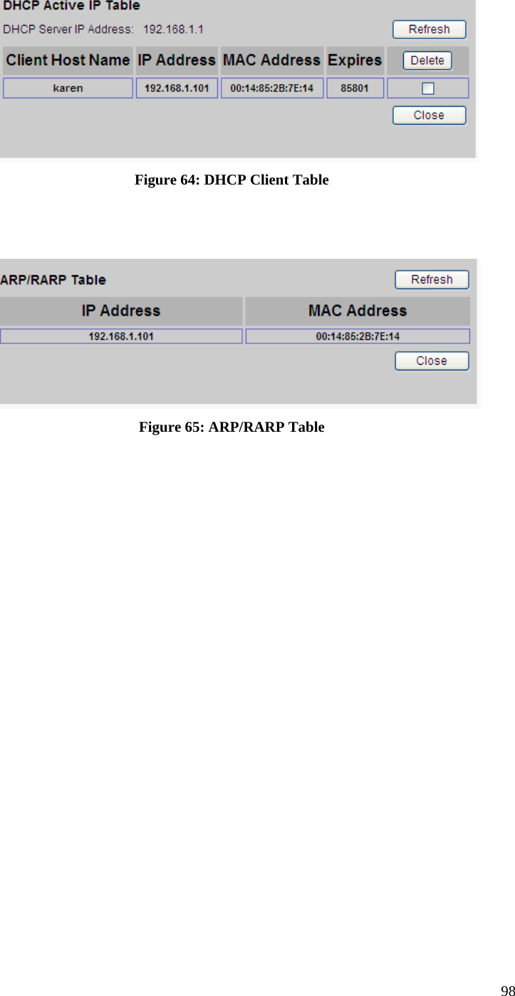  98  Figure 64: DHCP Client Table    Figure 65: ARP/RARP Table