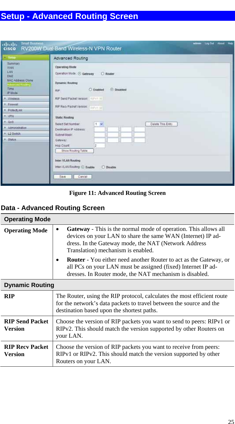  25 Setup - Advanced Routing Screen   Figure 11: Advanced Routing Screen Data - Advanced Routing Screen Operating Mode Operating Mode  • Gateway - This is the normal mode of operation. This allows all devices on your LAN to share the same WAN (Internet) IP ad-dress. In the Gateway mode, the NAT (Network Address Translation) mechanism is enabled. • Router - You either need another Router to act as the Gateway, or all PCs on your LAN must be assigned (fixed) Internet IP ad-dresses. In Router mode, the NAT mechanism is disabled. Dynamic Routing RIP  The Router, using the RIP protocol, calculates the most efficient route for the network’s data packets to travel between the source and the destination based upon the shortest paths. RIP Send Packet Version  Choose the version of RIP packets you want to send to peers: RIPv1 or RIPv2. This should match the version supported by other Routers on your LAN. RIP Recv Packet Version  Choose the version of RIP packets you want to receive from peers: RIPv1 or RIPv2. This should match the version supported by other Routers on your LAN. 