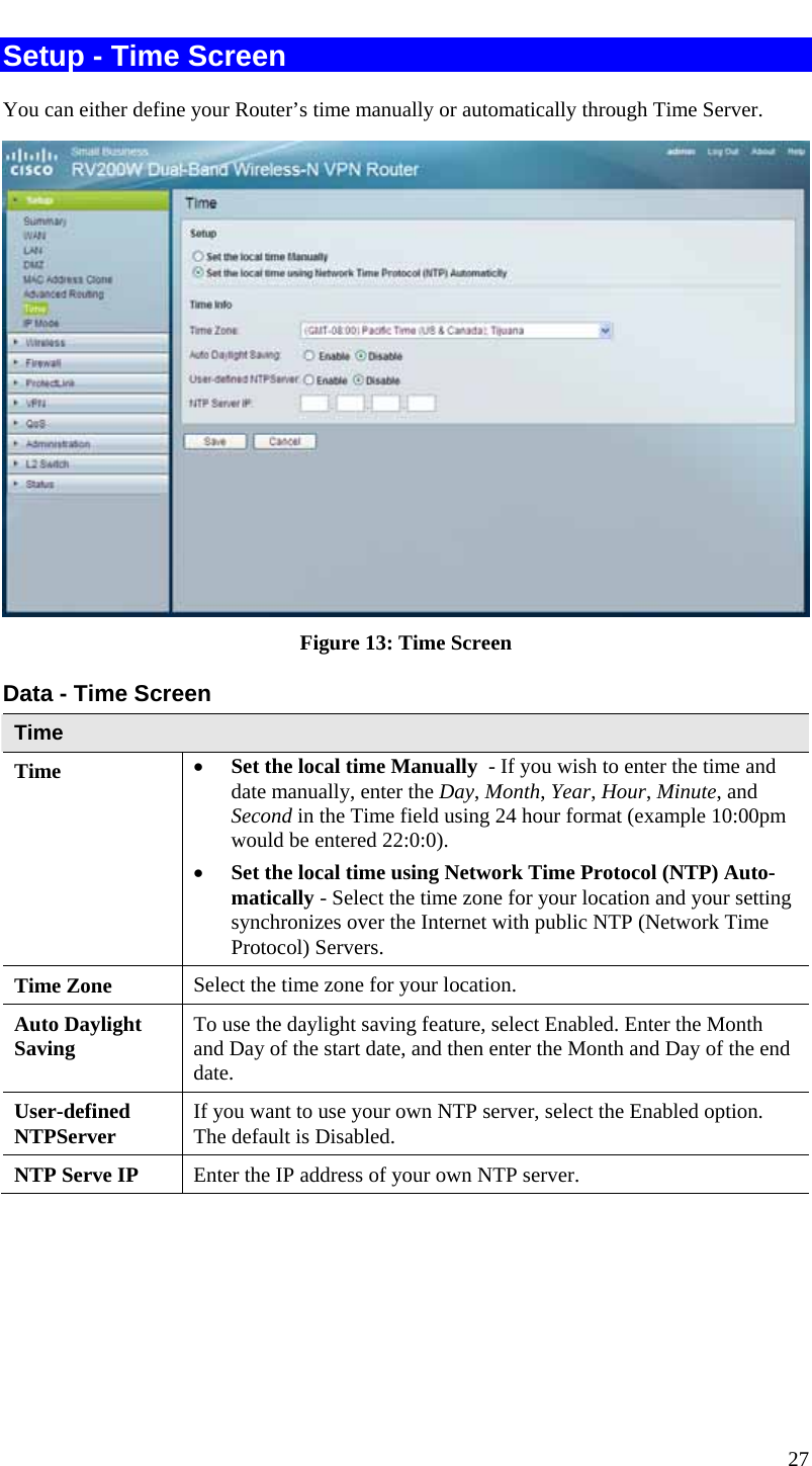  27 Setup - Time Screen You can either define your Router’s time manually or automatically through Time Server.   Figure 13: Time Screen Data - Time Screen Time Time  • Set the local time Manually  - If you wish to enter the time and date manually, enter the Day, Month, Year, Hour, Minute, and Second in the Time field using 24 hour format (example 10:00pm would be entered 22:0:0). • Set the local time using Network Time Protocol (NTP) Auto-matically - Select the time zone for your location and your setting synchronizes over the Internet with public NTP (Network Time Protocol) Servers. Time Zone  Select the time zone for your location. Auto Daylight Saving  To use the daylight saving feature, select Enabled. Enter the Month and Day of the start date, and then enter the Month and Day of the end date. User-defined NTPServer  If you want to use your own NTP server, select the Enabled option. The default is Disabled. NTP Serve IP  Enter the IP address of your own NTP server.  