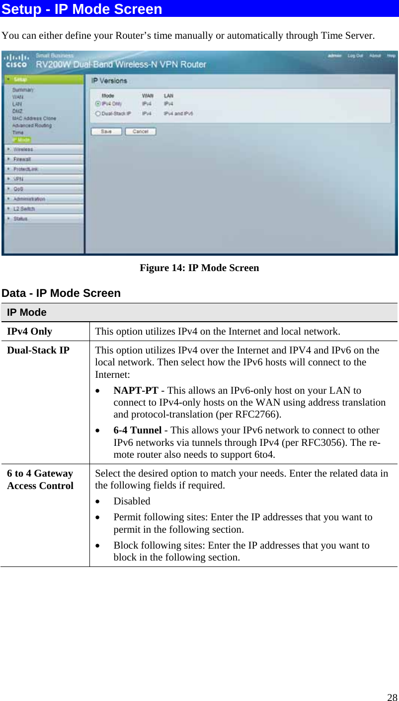  28 Setup - IP Mode Screen You can either define your Router’s time manually or automatically through Time Server.   Figure 14: IP Mode Screen Data - IP Mode Screen IP Mode IPv4 Only  This option utilizes IPv4 on the Internet and local network. Dual-Stack IP  This option utilizes IPv4 over the Internet and IPV4 and IPv6 on the local network. Then select how the IPv6 hosts will connect to the Internet: • NAPT-PT - This allows an IPv6-only host on your LAN to connect to IPv4-only hosts on the WAN using address translation and protocol-translation (per RFC2766). • 6-4 Tunnel - This allows your IPv6 network to connect to other IPv6 networks via tunnels through IPv4 (per RFC3056). The re-mote router also needs to support 6to4. 6 to 4 Gateway Access Control  Select the desired option to match your needs. Enter the related data in the following fields if required. • Disabled • Permit following sites: Enter the IP addresses that you want to permit in the following section. • Block following sites: Enter the IP addresses that you want to block in the following section.  